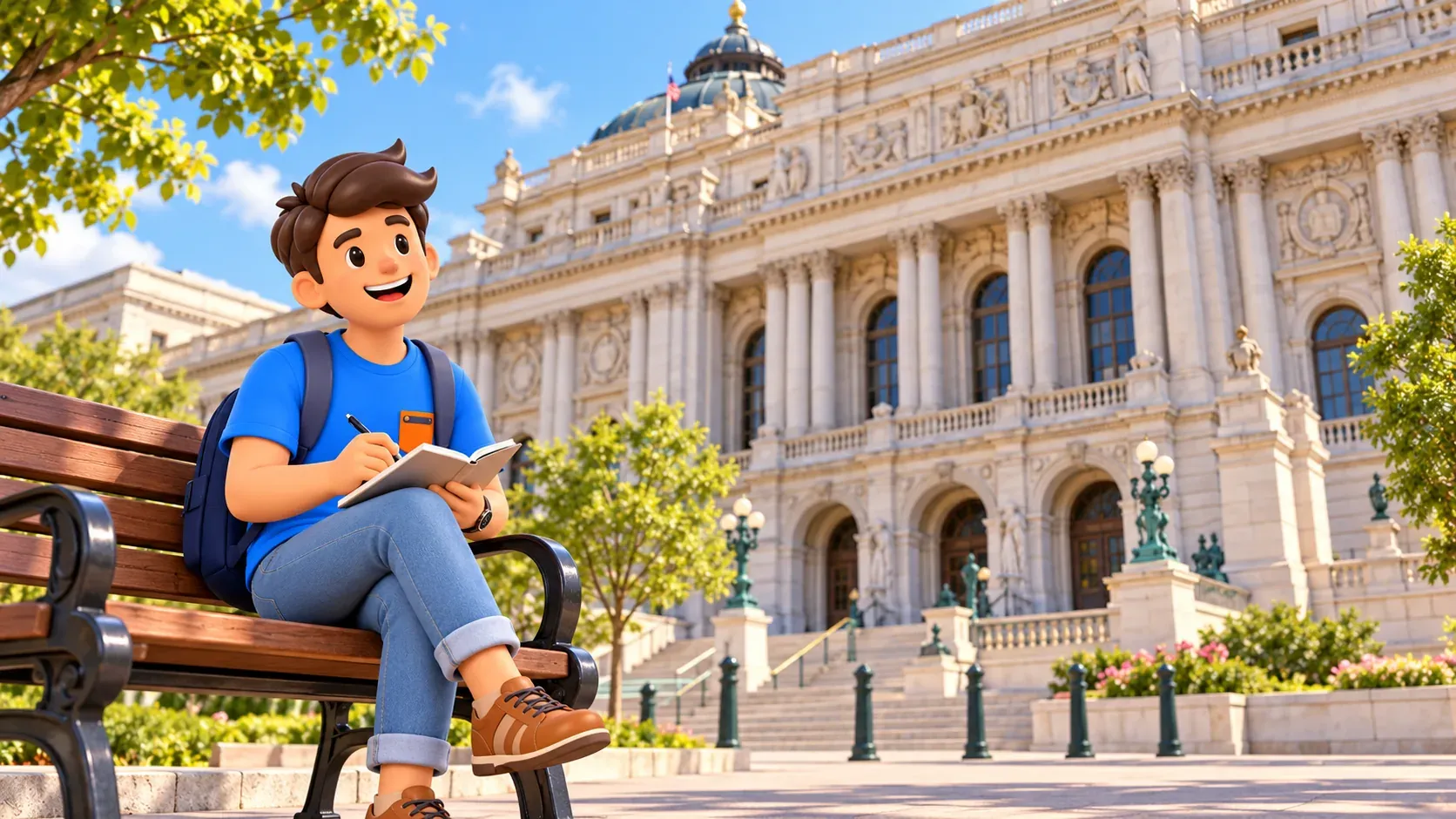 Ilustración: Viajero con un cuaderno ante el edificio Jefferson de la Biblioteca del Congreso.
