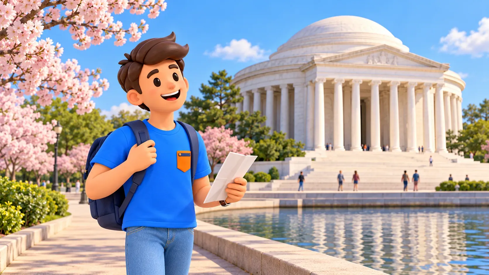 Illustration: Traveller near the Jefferson Memorial rotunda.