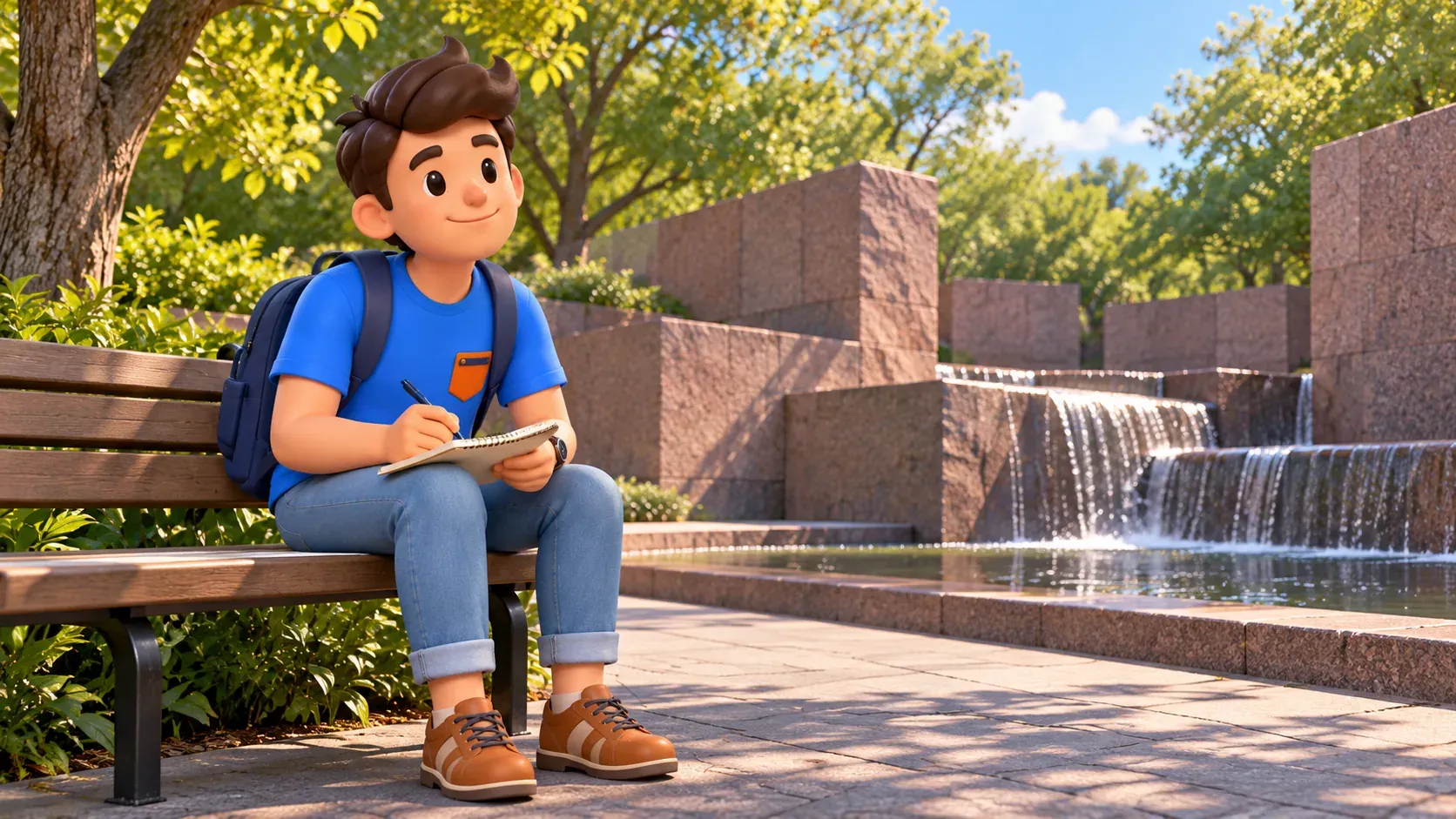 Illustration: Traveller making notes near a waterfall at the Roosevelt Memorial.