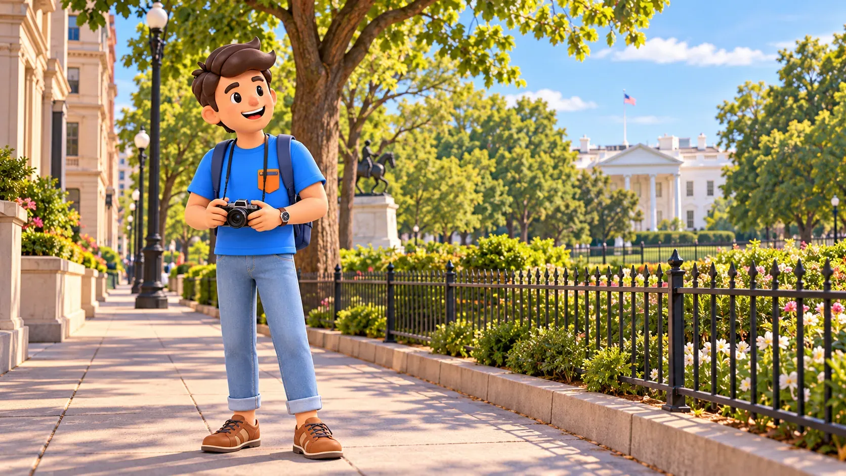 Illustration: Traveller with a camera by the north side of Lafayette Square.