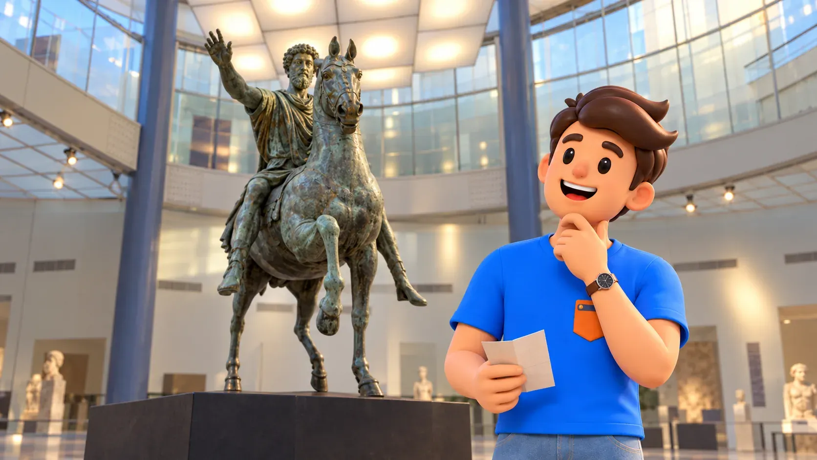 A traveller observes the original equestrian Marcus Aurelius in the Capitoline Museums’ glazed exedra