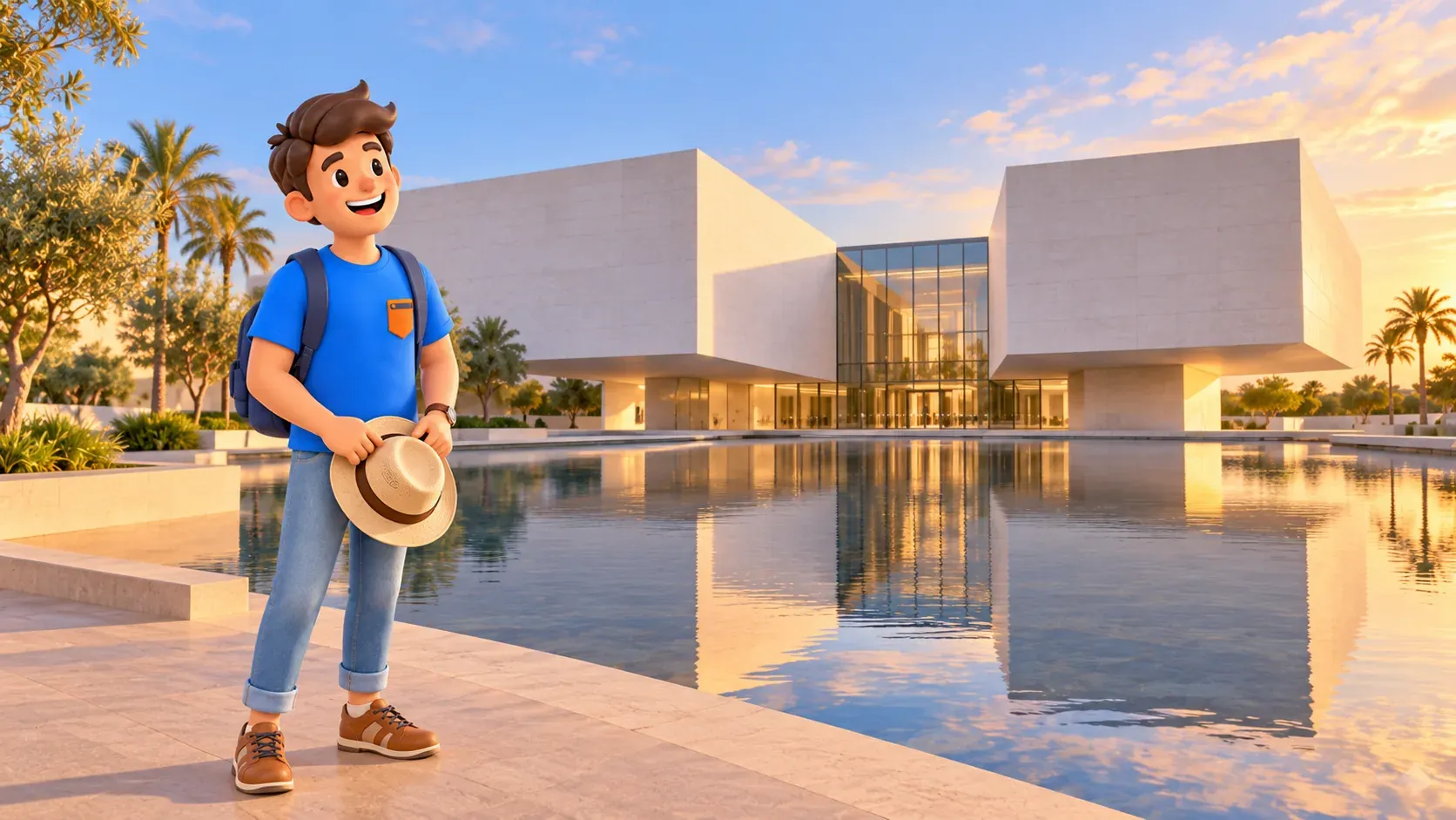 Un voyageur près d'une interprétation artistique du bâtiment en porte-à-faux de la Fondation Bassam Freiha