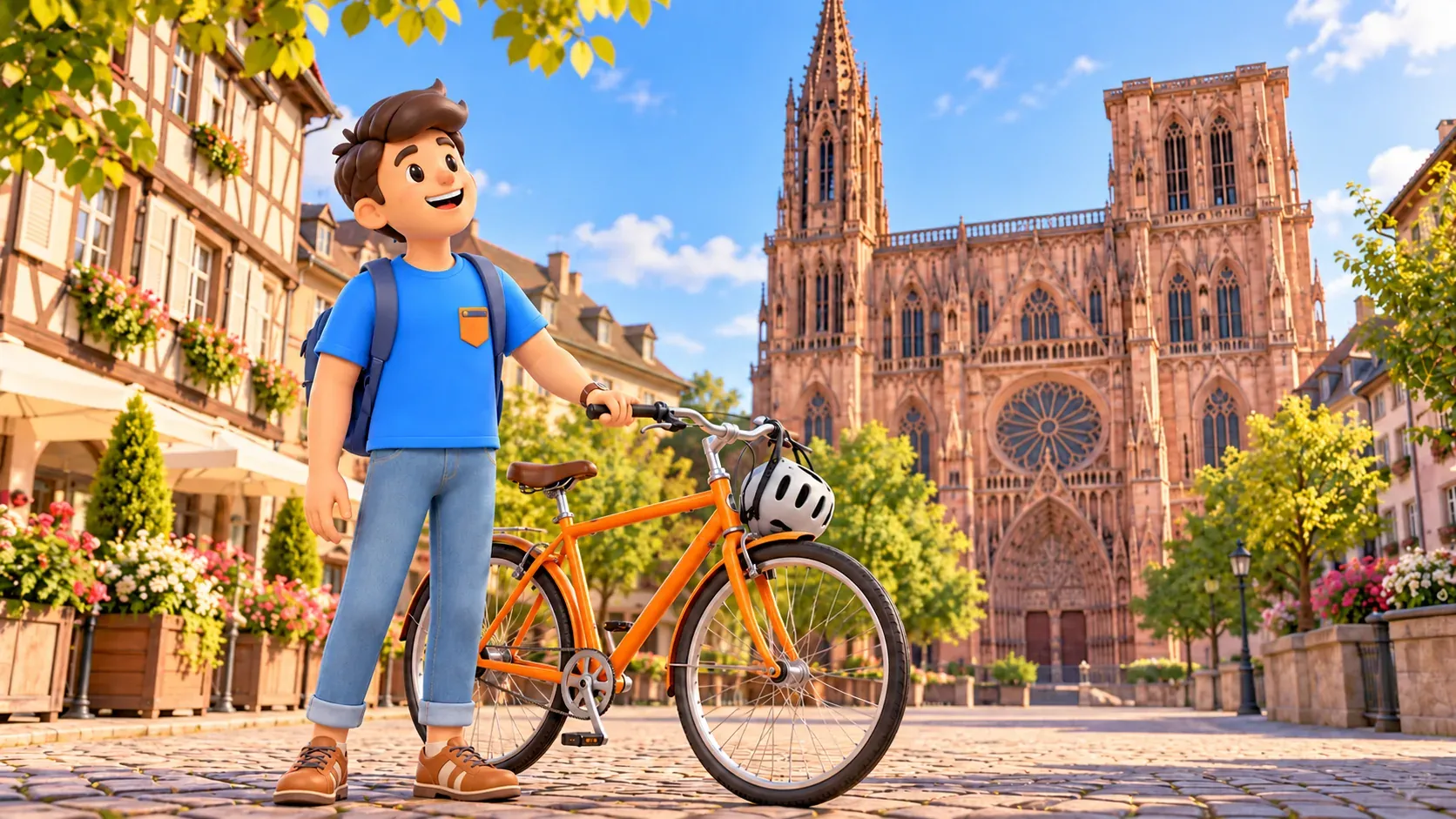 Illustrierter Reisender steht neben einem Fahrrad vor einer Interpretation des Straßburger Münsters