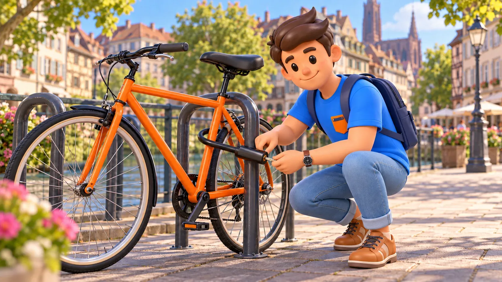 Illustrierter Reisender schließt den Rahmen eines abgestellten Fahrrads an einen festen Bügel an