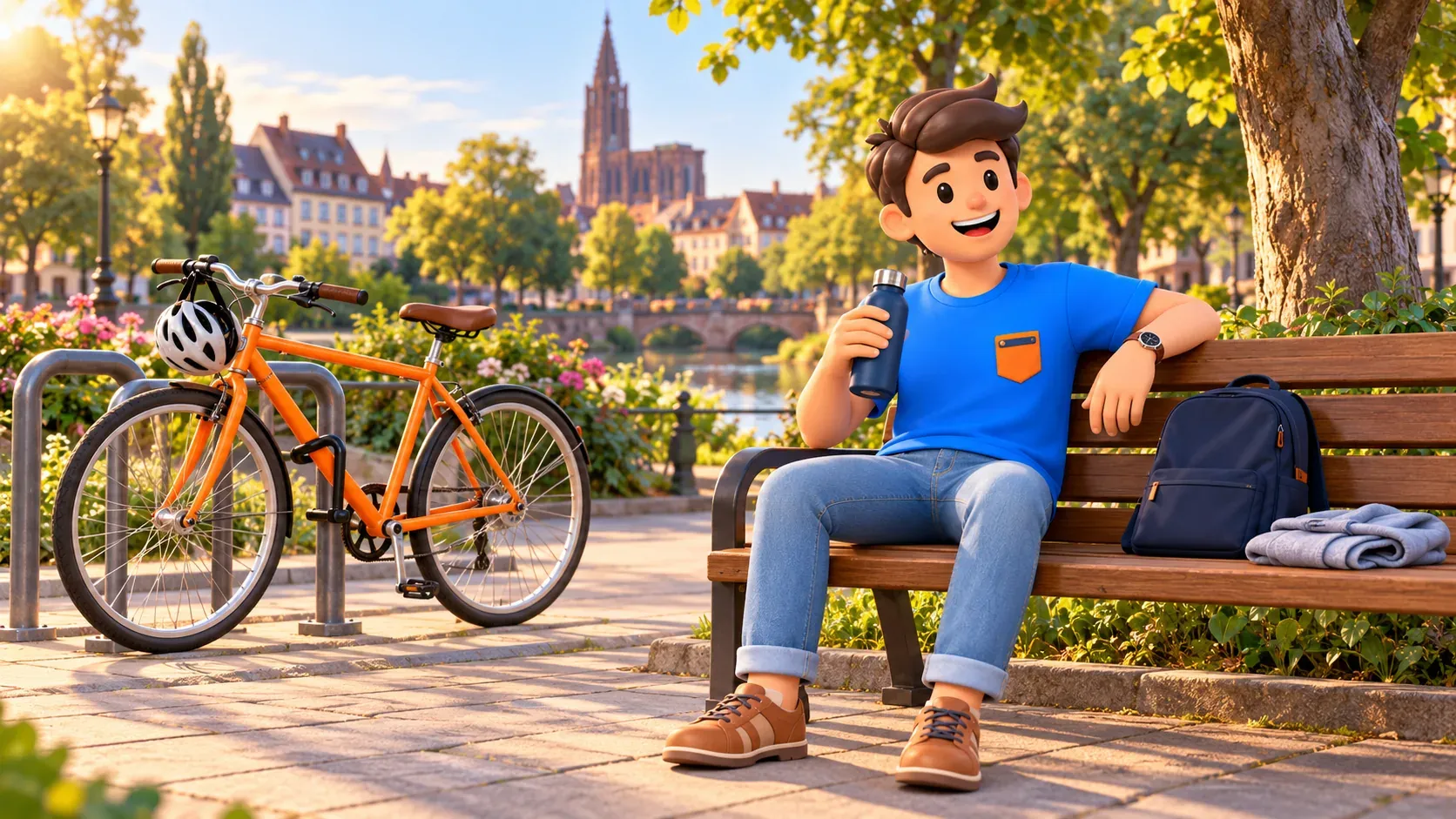 Illustrierter Reisender mit Trinkflasche auf einer Bank neben einem frei gestalteten Fahrradabstellplatz