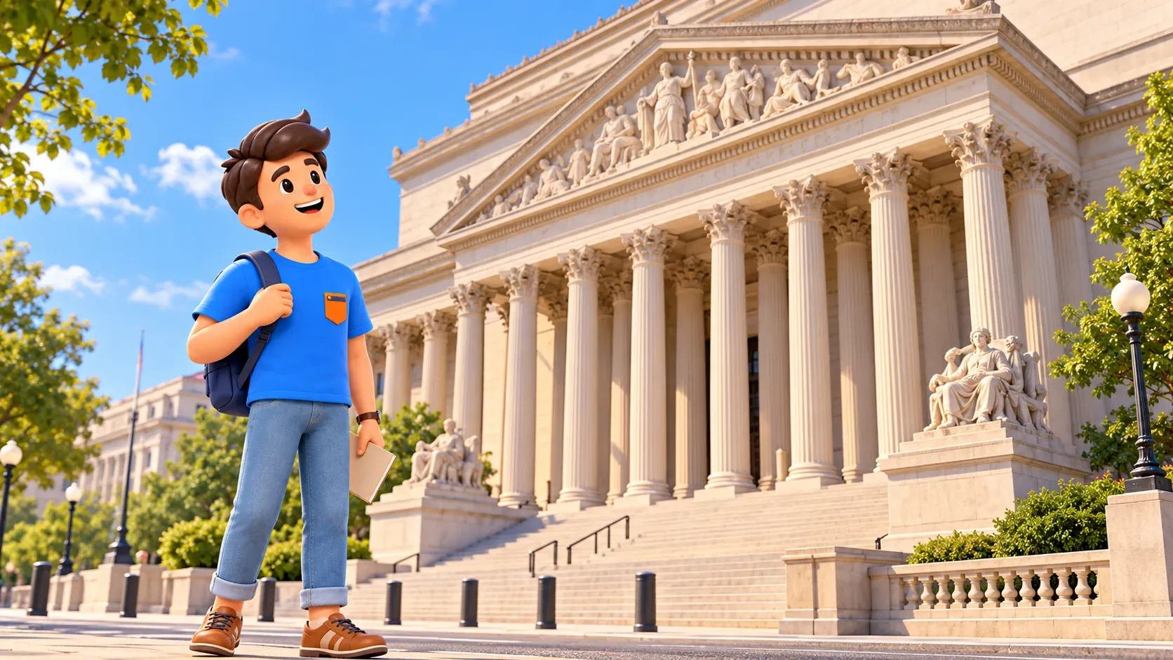 Illustration : Voyageur devant le bâtiment des Archives nationales.