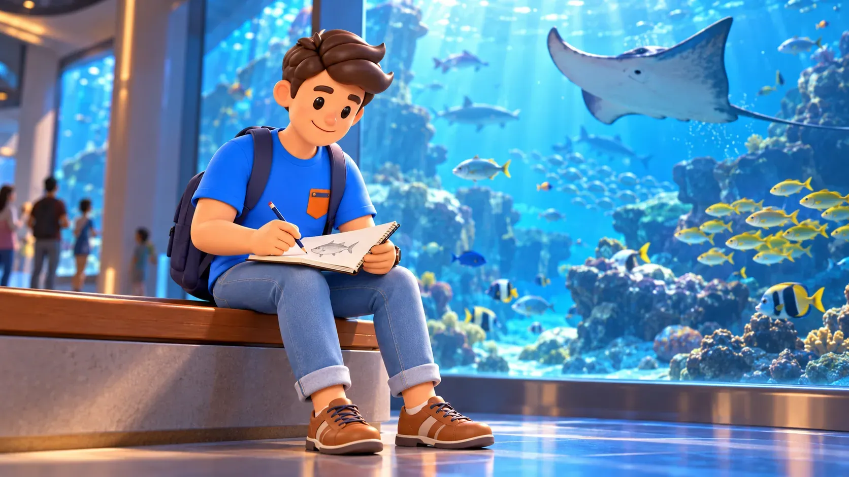 Character sketching a fish during an unhurried aquarium visit