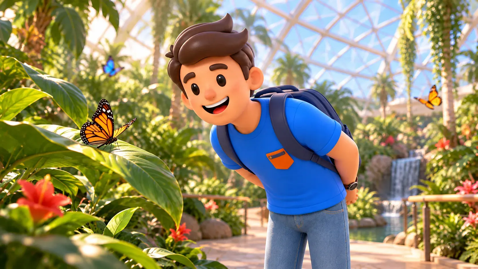 Character observing a butterfly resting on a leaf in a tropical garden