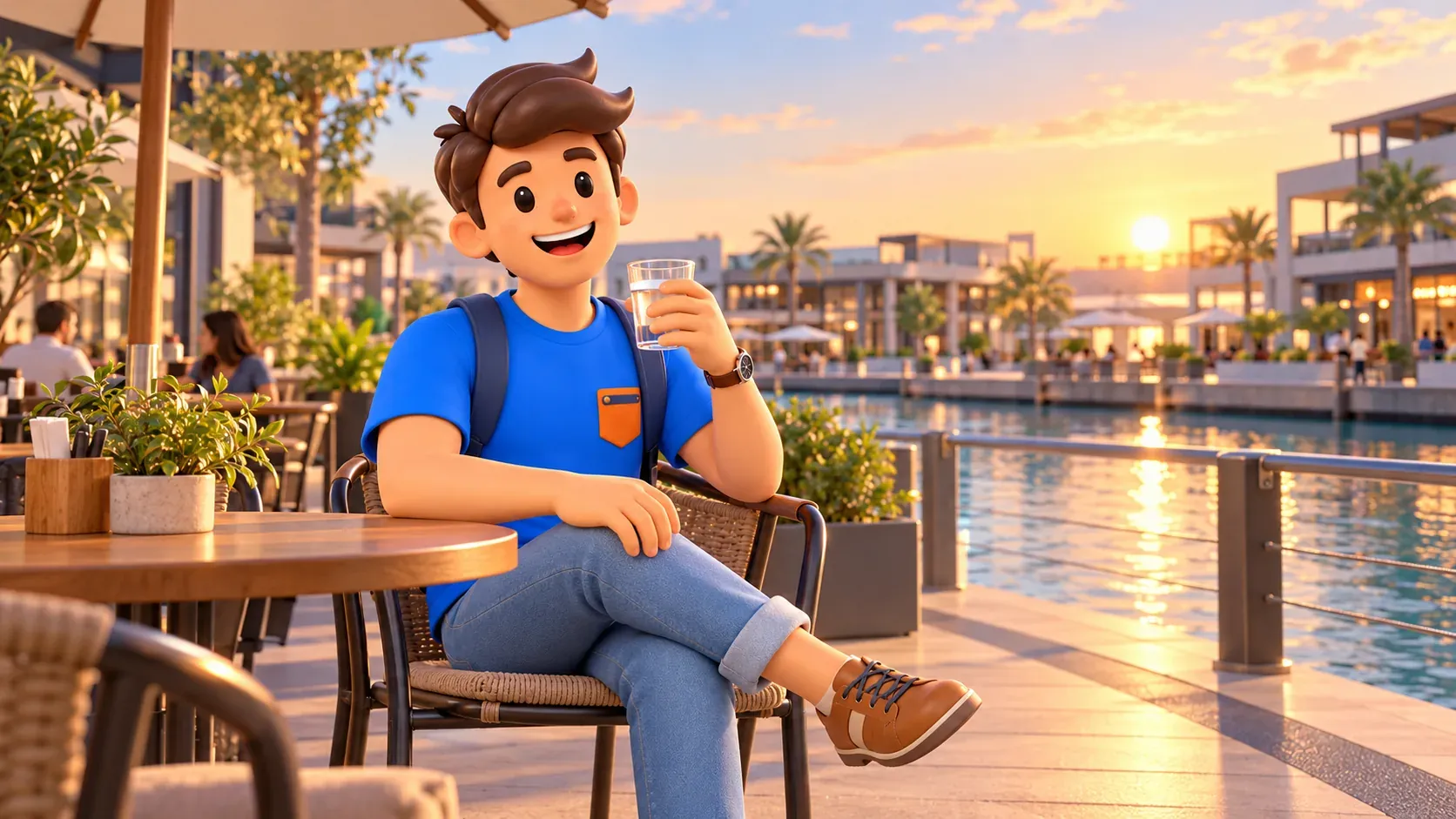 Character taking a waterside break with a glass of water at Al Qana