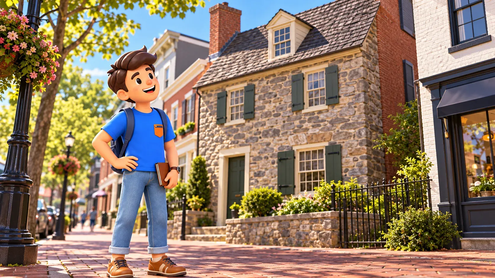 Ilustración: Viajero ante Old Stone House en Georgetown.