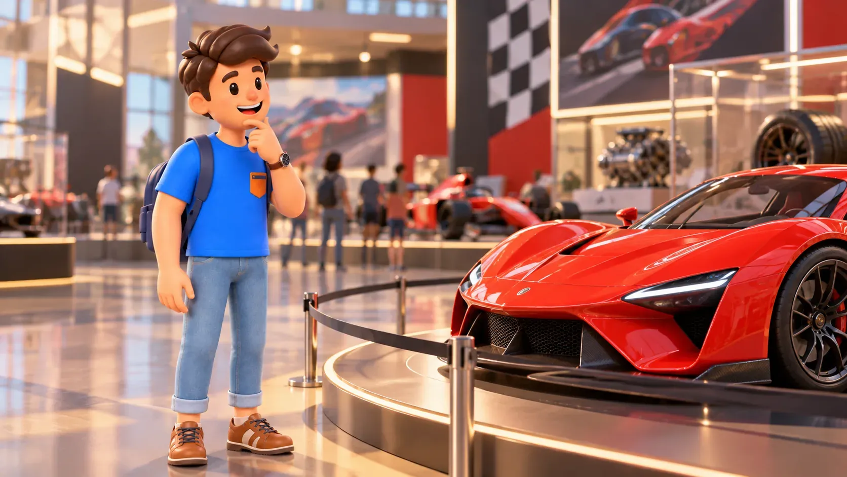 Character looking at a motoring display in a theme park