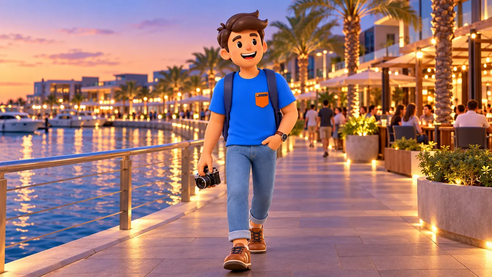 Character strolling beside the water at Yas Bay after a theme-park day