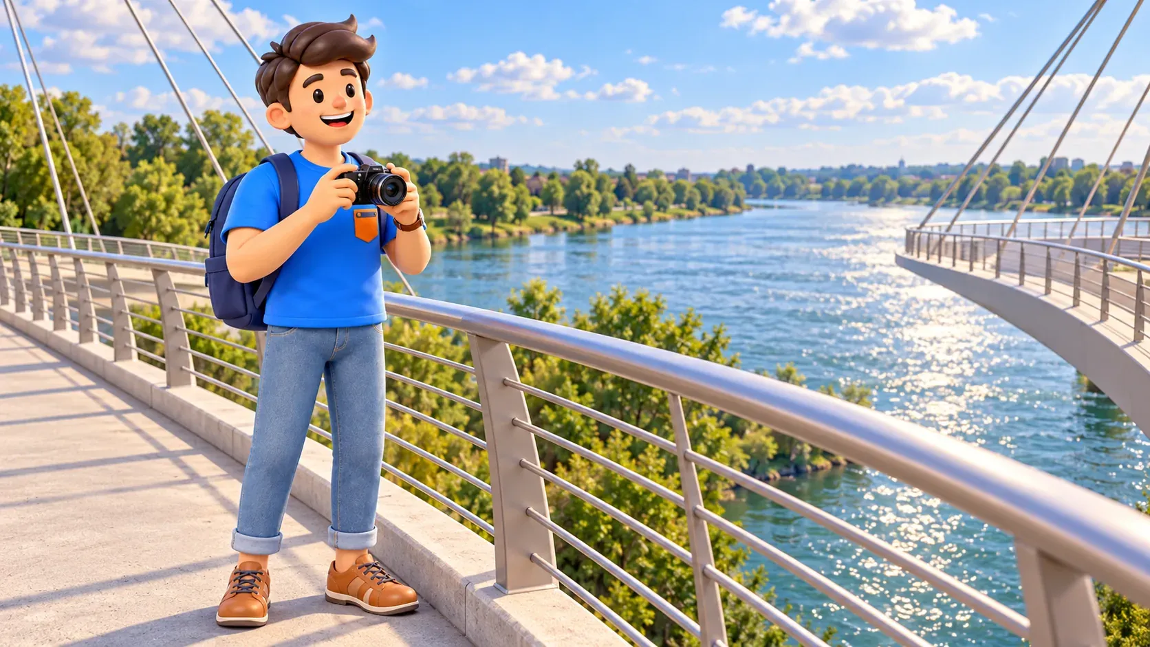 Illustrierter Reisender mit Kamera an einem künstlerisch dargestellten Aussichtspunkt über dem Fluss