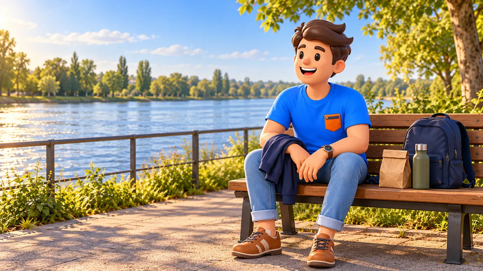 Illustrierter Reisender auf einer Bank in einem frei gestalteten Garten am Rhein