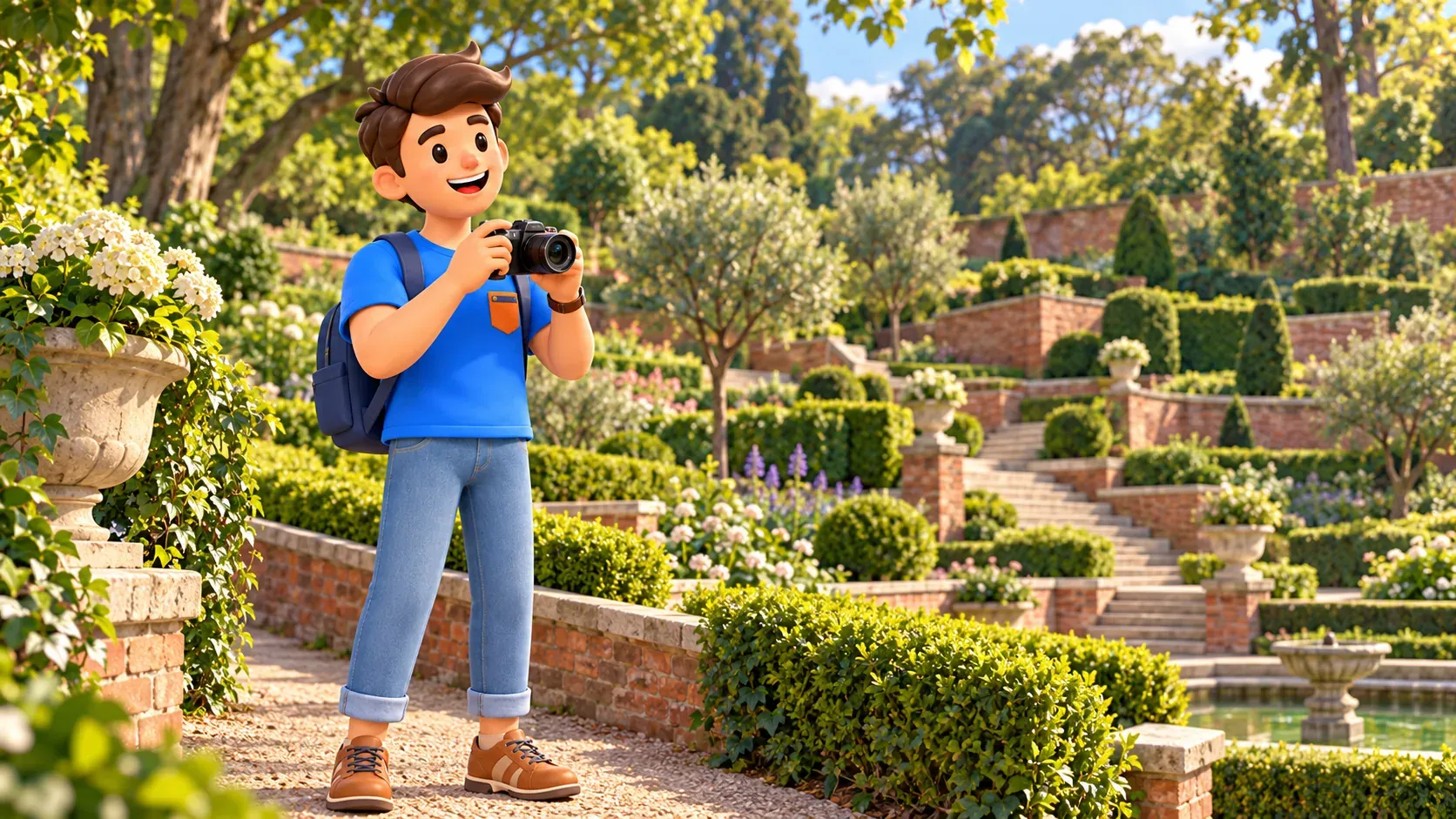 Illustration : Voyageur avec un appareil photo dans un jardin en terrasses.