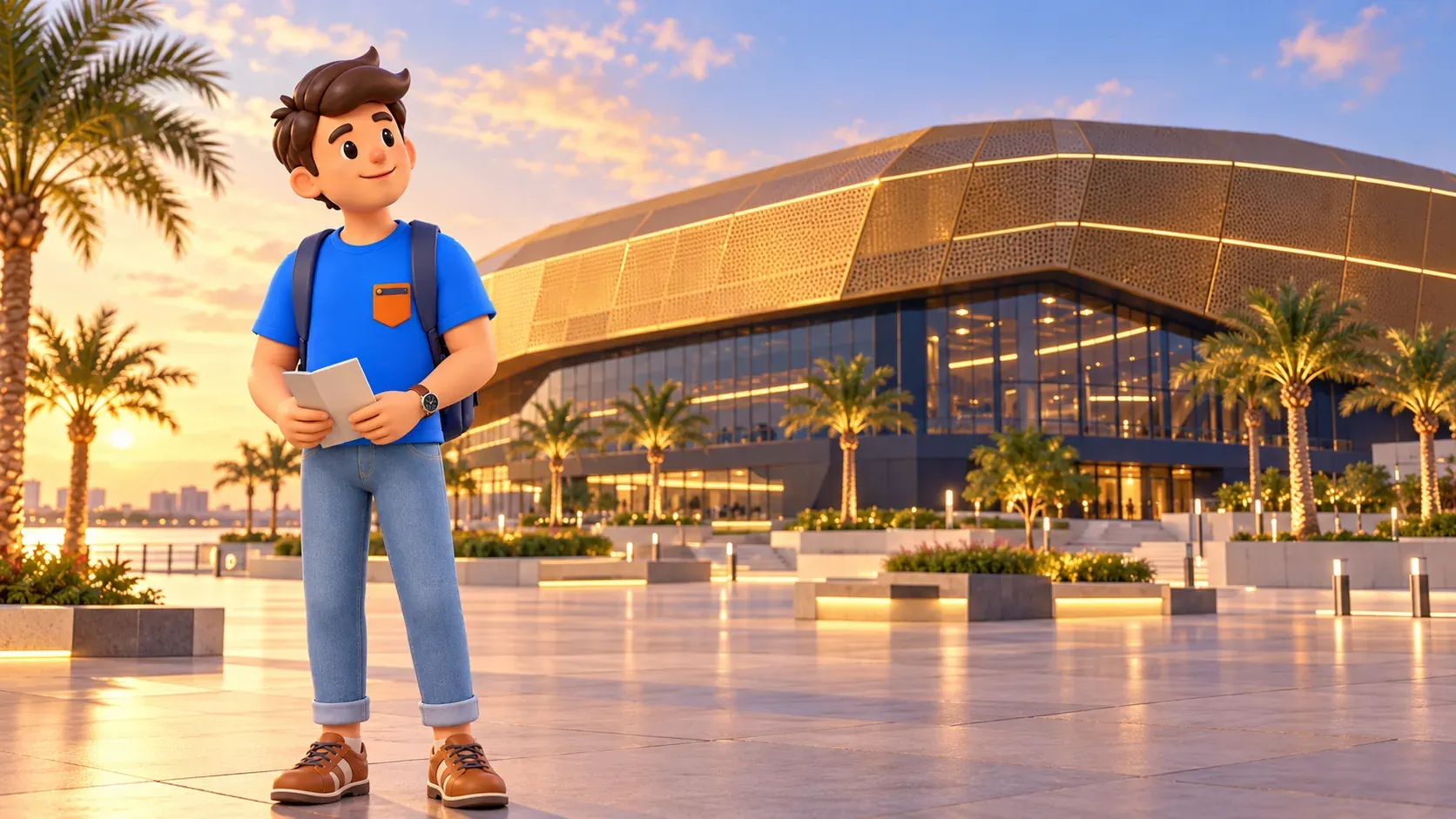A traveller studying an artistic interpretation of the Etihad Arena facade