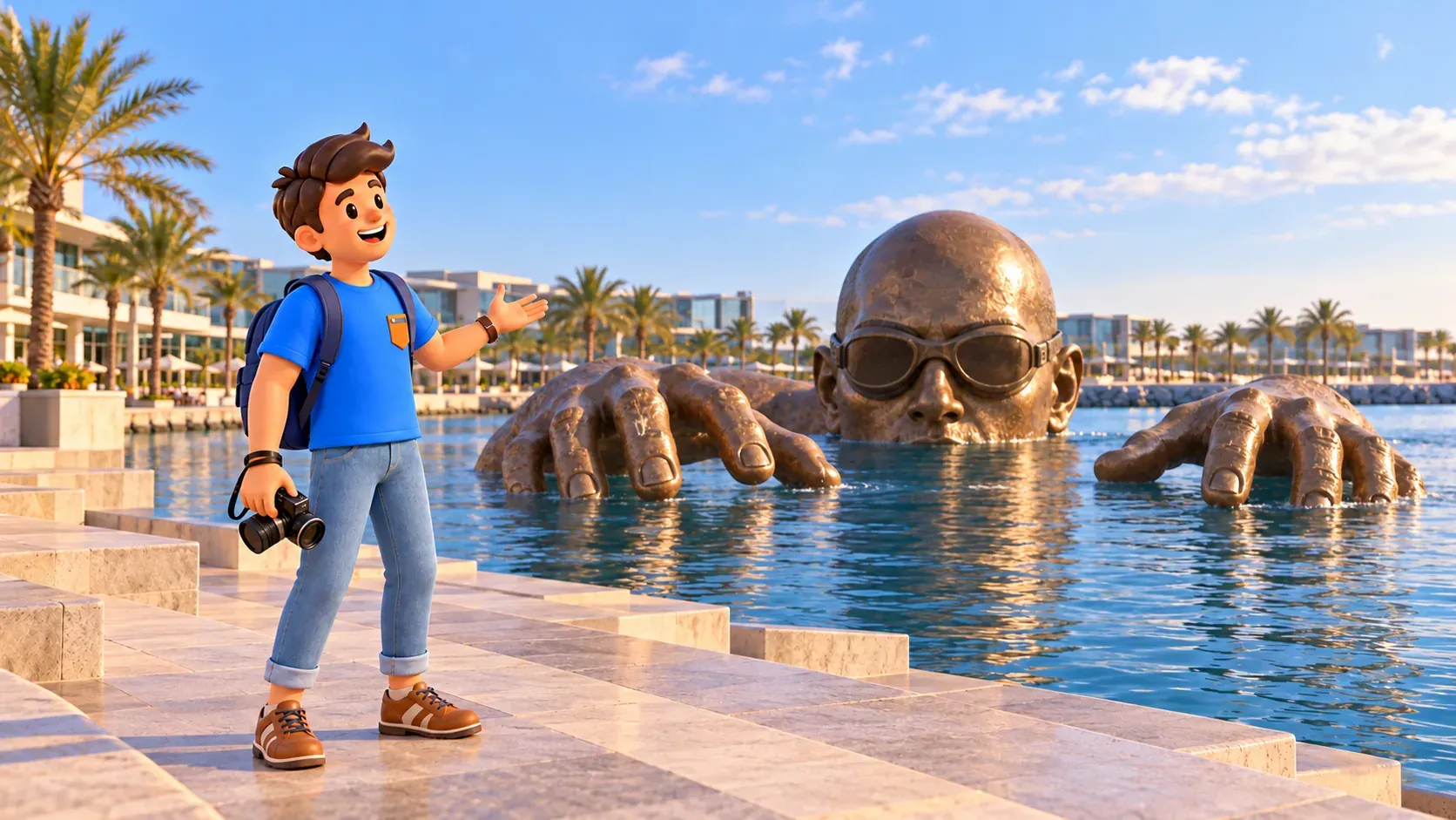 A traveller viewing the head and hands of The Emerging Man sculpture from shore