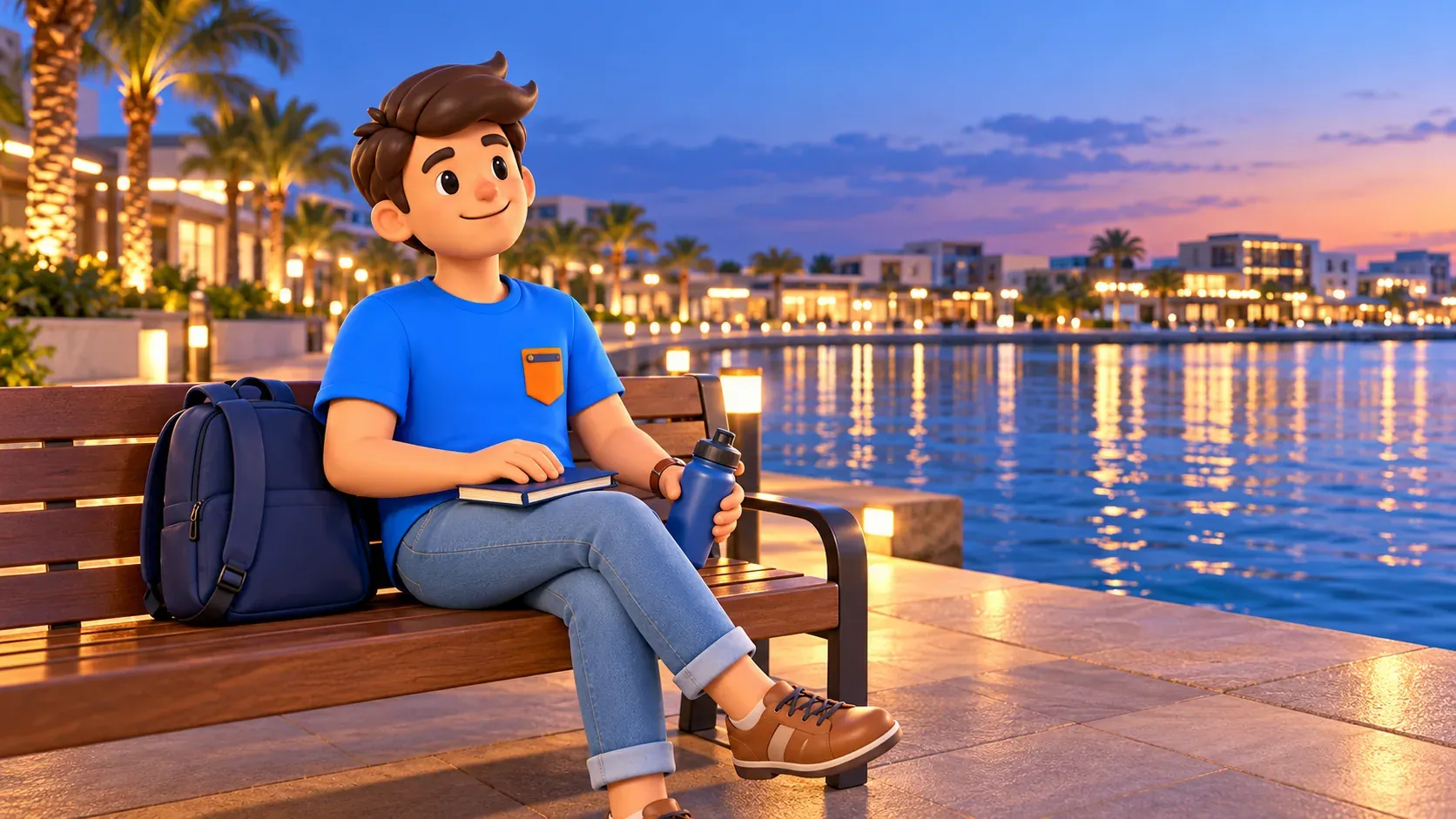 A traveller resting on a bench beside evening reflections at Yas Bay