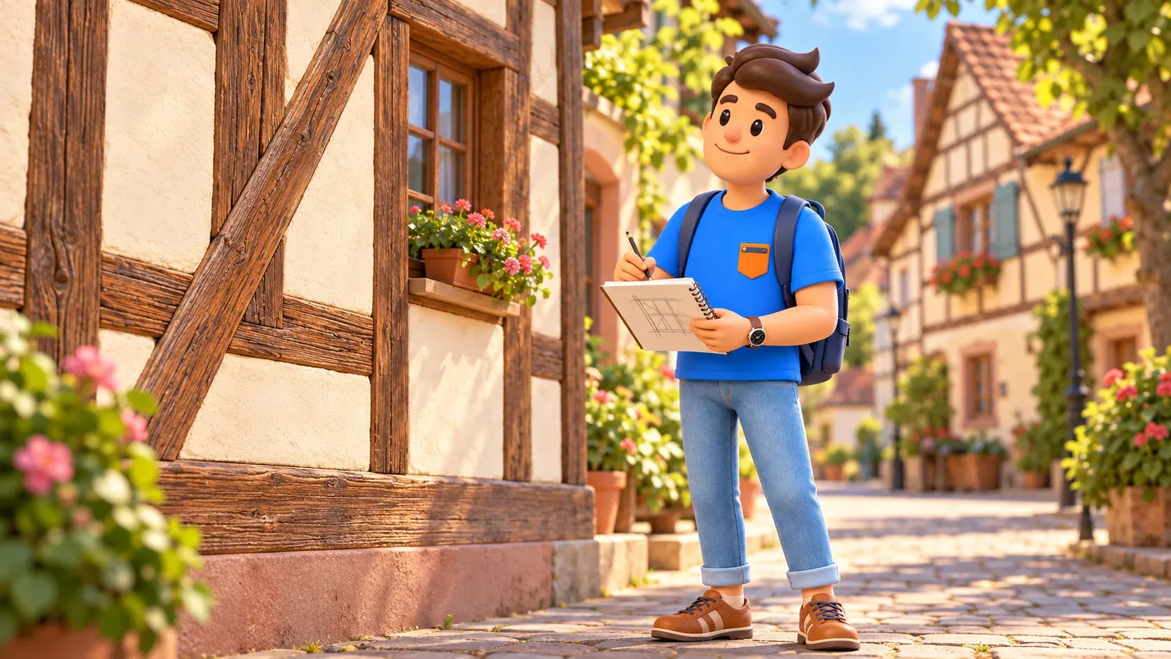 Illustrierter Reisender skizziert Ständer und diagonale Streben eines allgemeinen Fachwerks