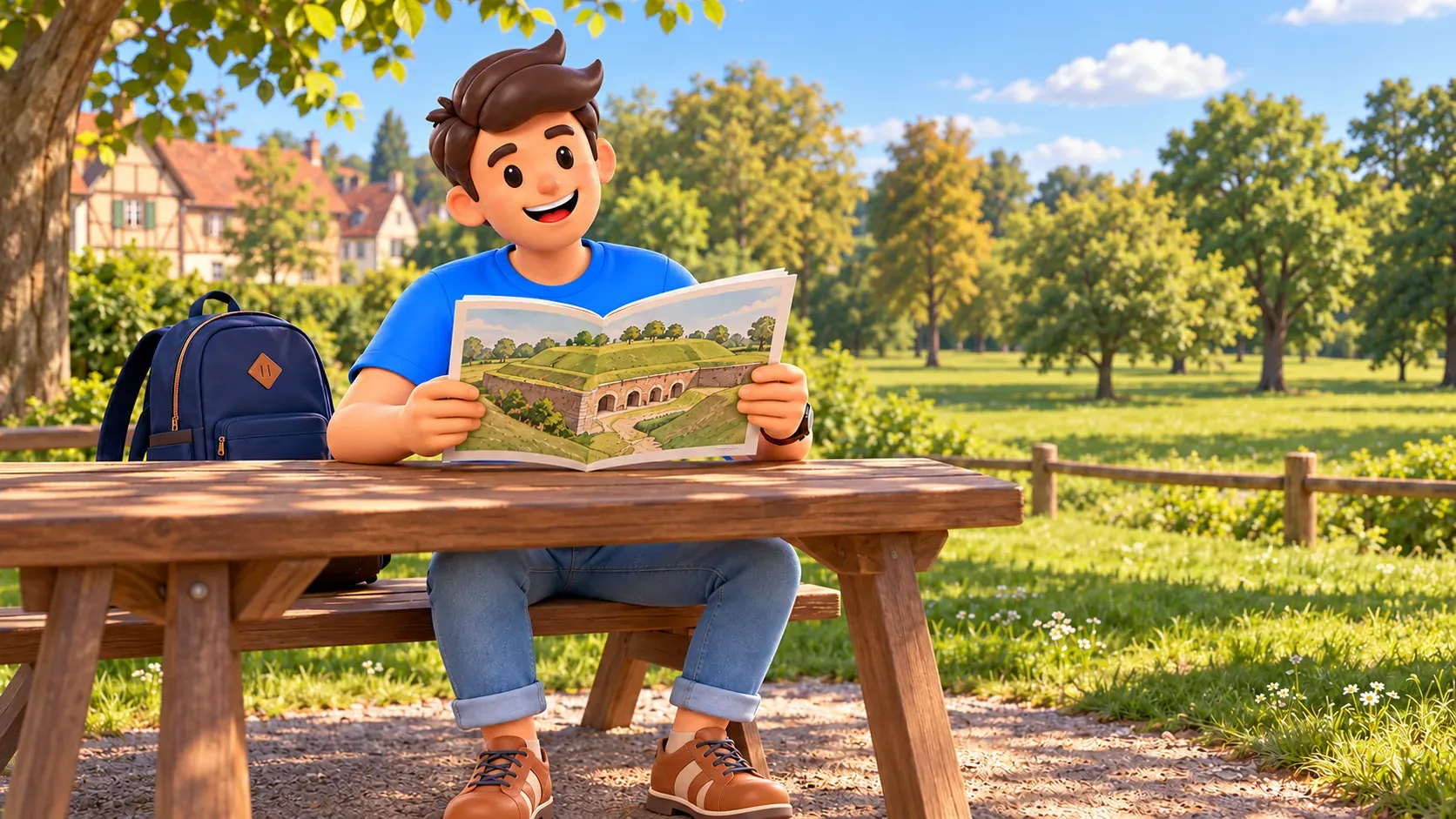 Illustrierter Reisender betrachtet im Buch eine schematische Darstellung eines erdbedeckten Forts mit Trockengraben