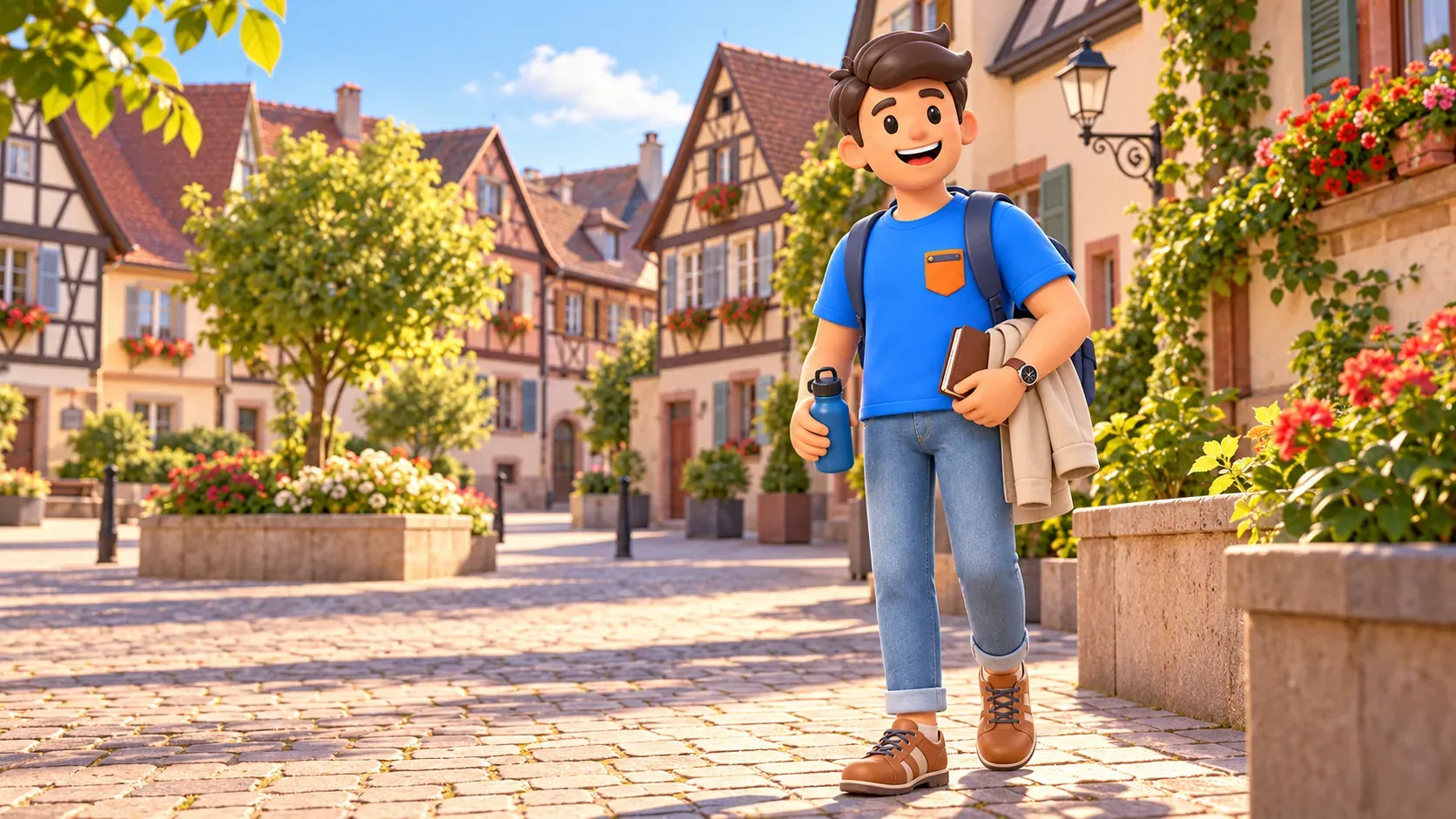 Illustrierter Reisender mit geschlossenem Skizzenbuch, Jacke und Trinkflasche bei einer kurzen Dorfpause