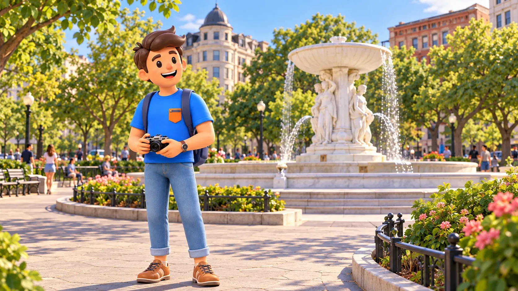 Ilustración: Viajero con una cámara junto a la fuente de Dupont Circle.