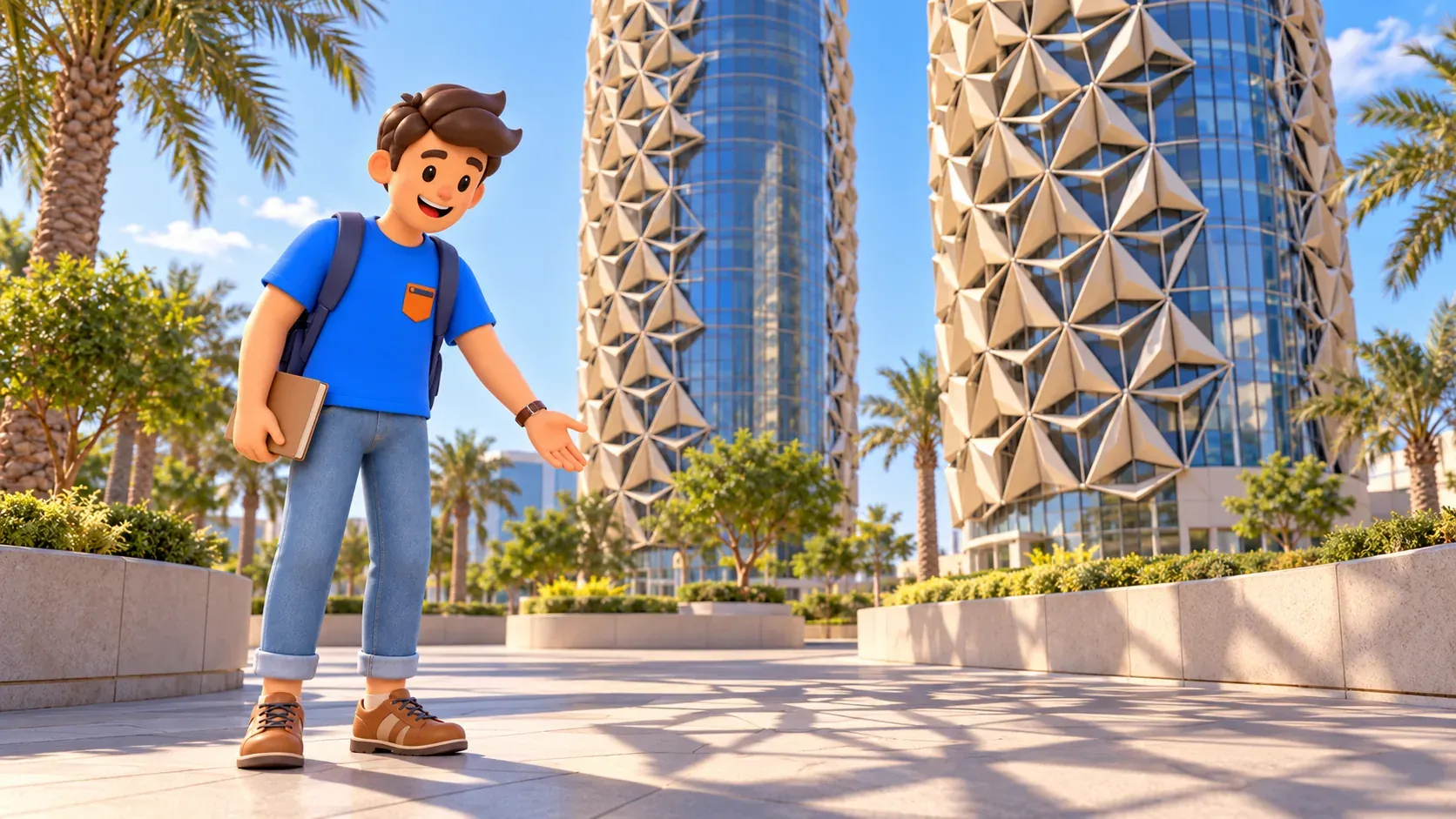 A traveller studying a shadow before an illustration of the two Al Bahr Towers
