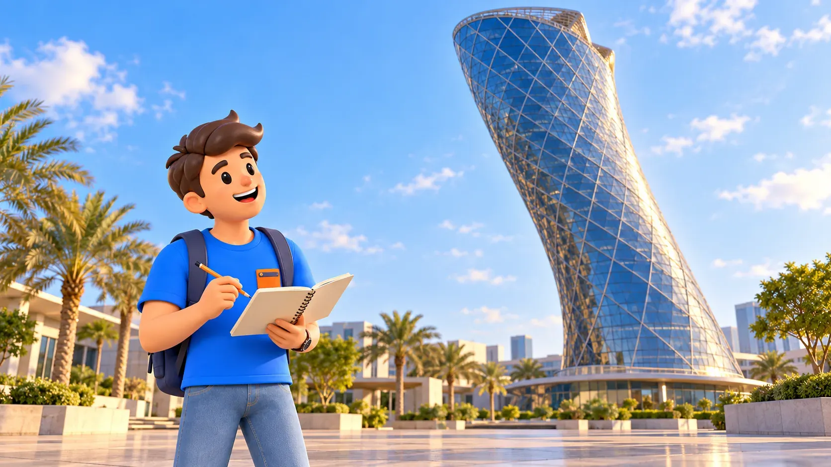 A traveller with a sketchbook beside an artistic interpretation of the leaning Capital Gate
