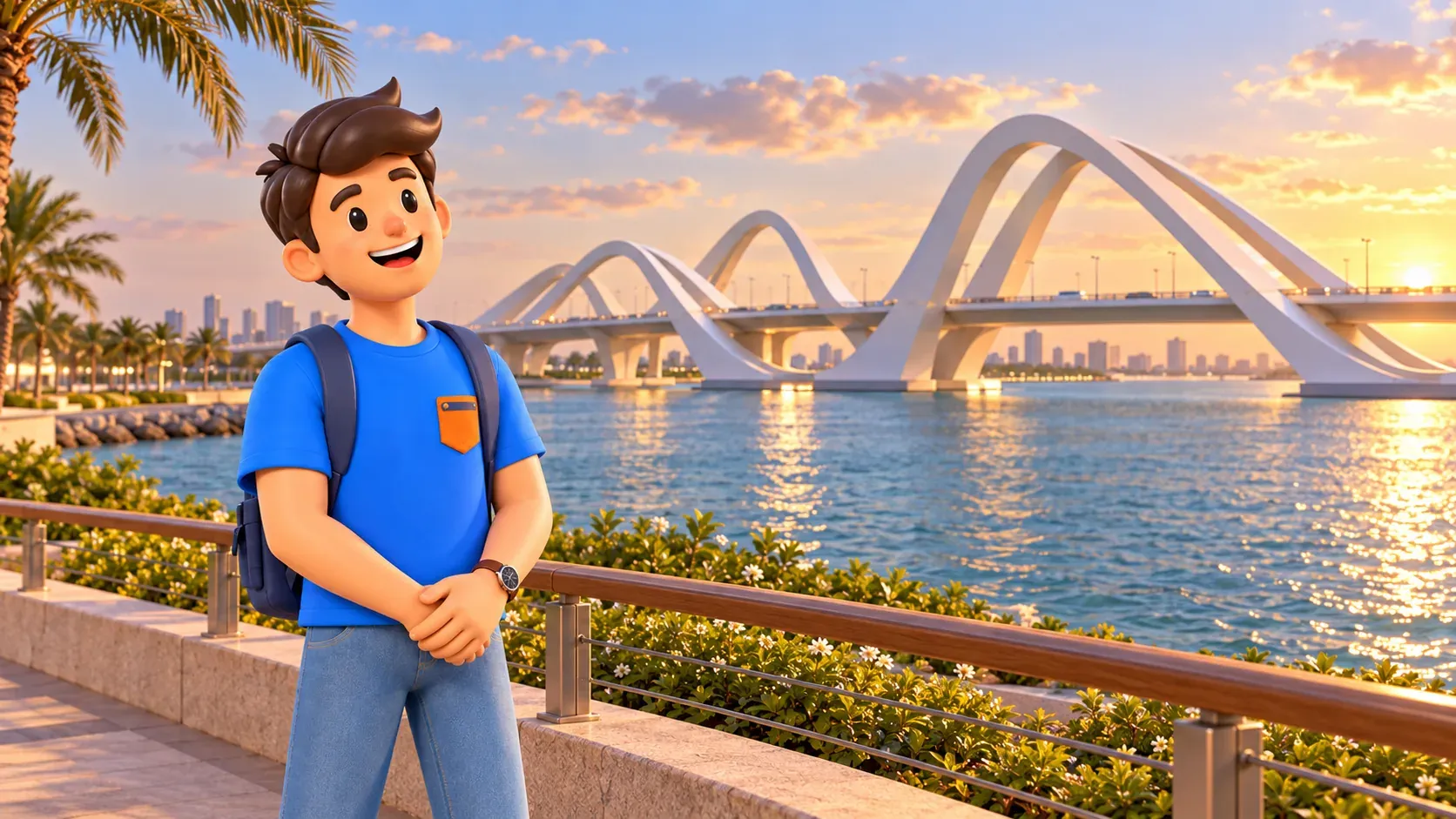 A traveller viewing the wave-shaped arches of Sheikh Zayed Bridge from shore