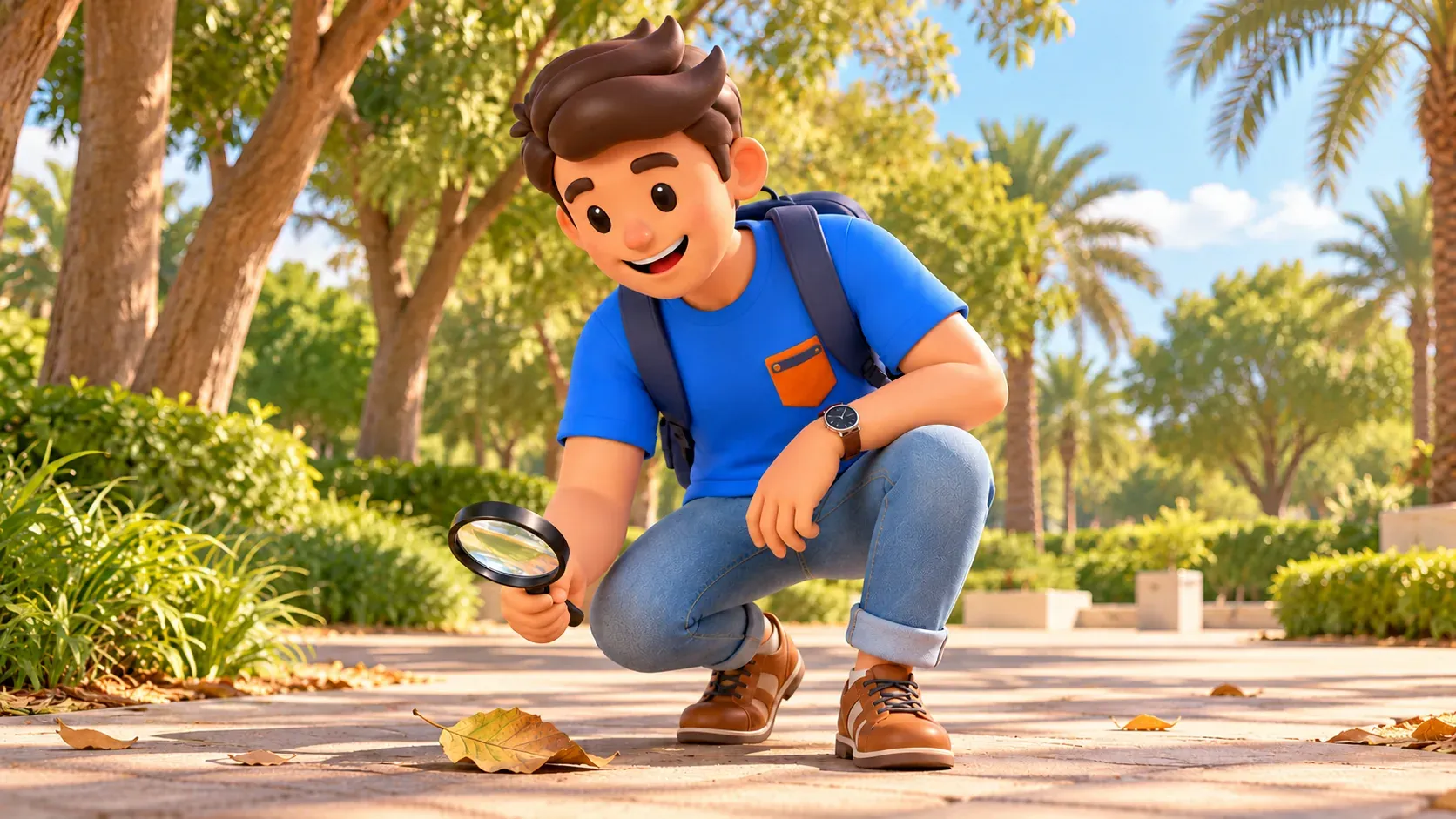 Character observing a fallen leaf with a magnifying glass on a park path