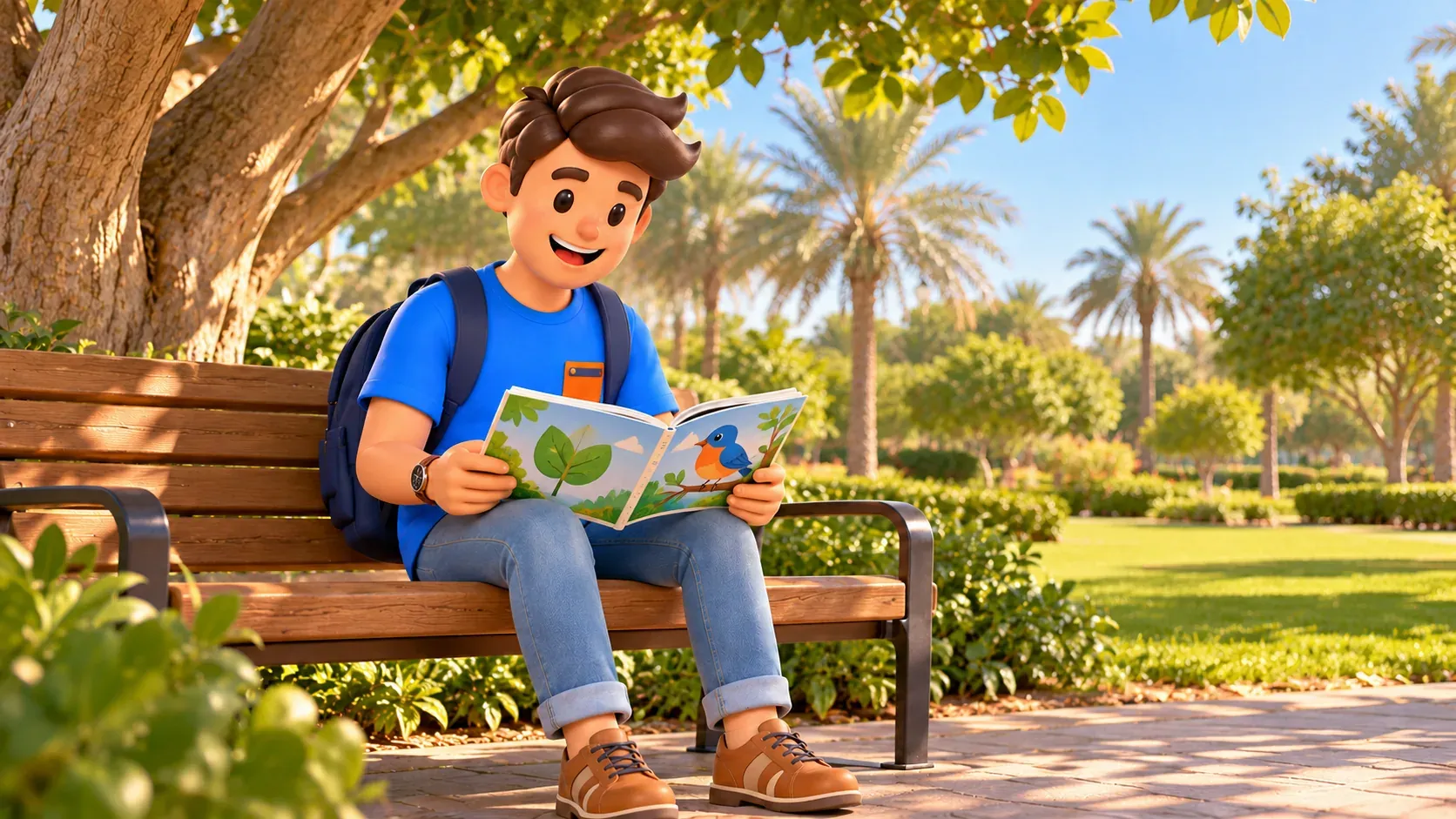 Character taking a picture-book break on a park bench