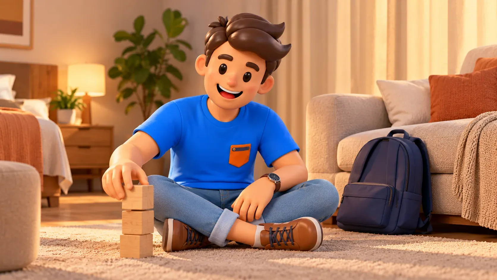 Character relaxing with wooden blocks after the outing