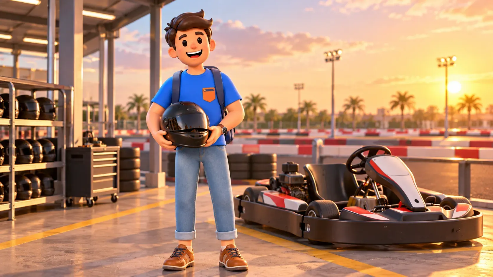 A traveller holding a helmet in a preparation area beside a stationary kart