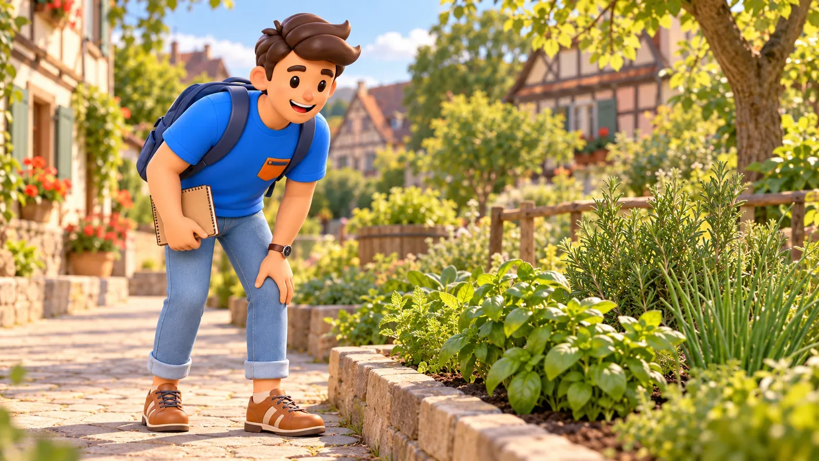 Voyageur illustré observant les plantes depuis une allée dans un jardin monastique imaginé