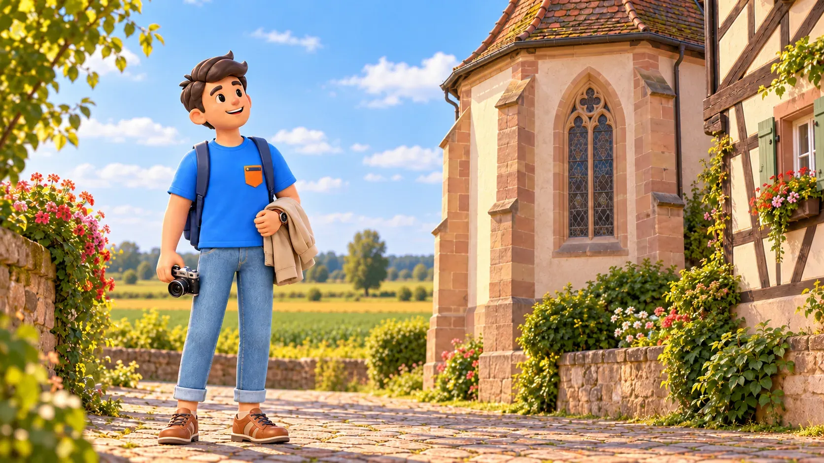 Voyageur illustré près de formes réinterprétées de chapelle rurale et de maison à colombages attenante