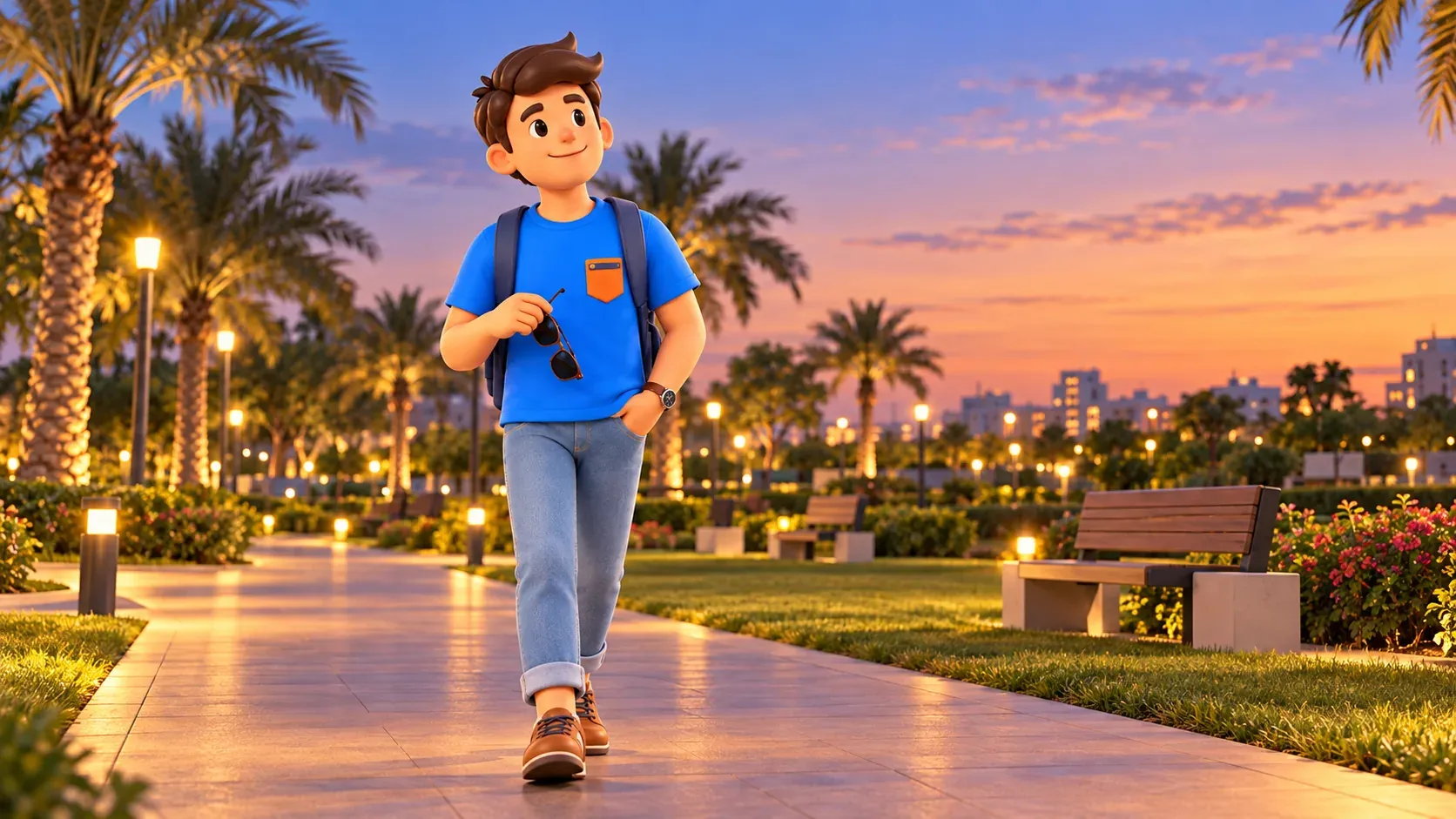 Un paseo vespertino breve por un parque ilustrativo cerca de la Corniche
