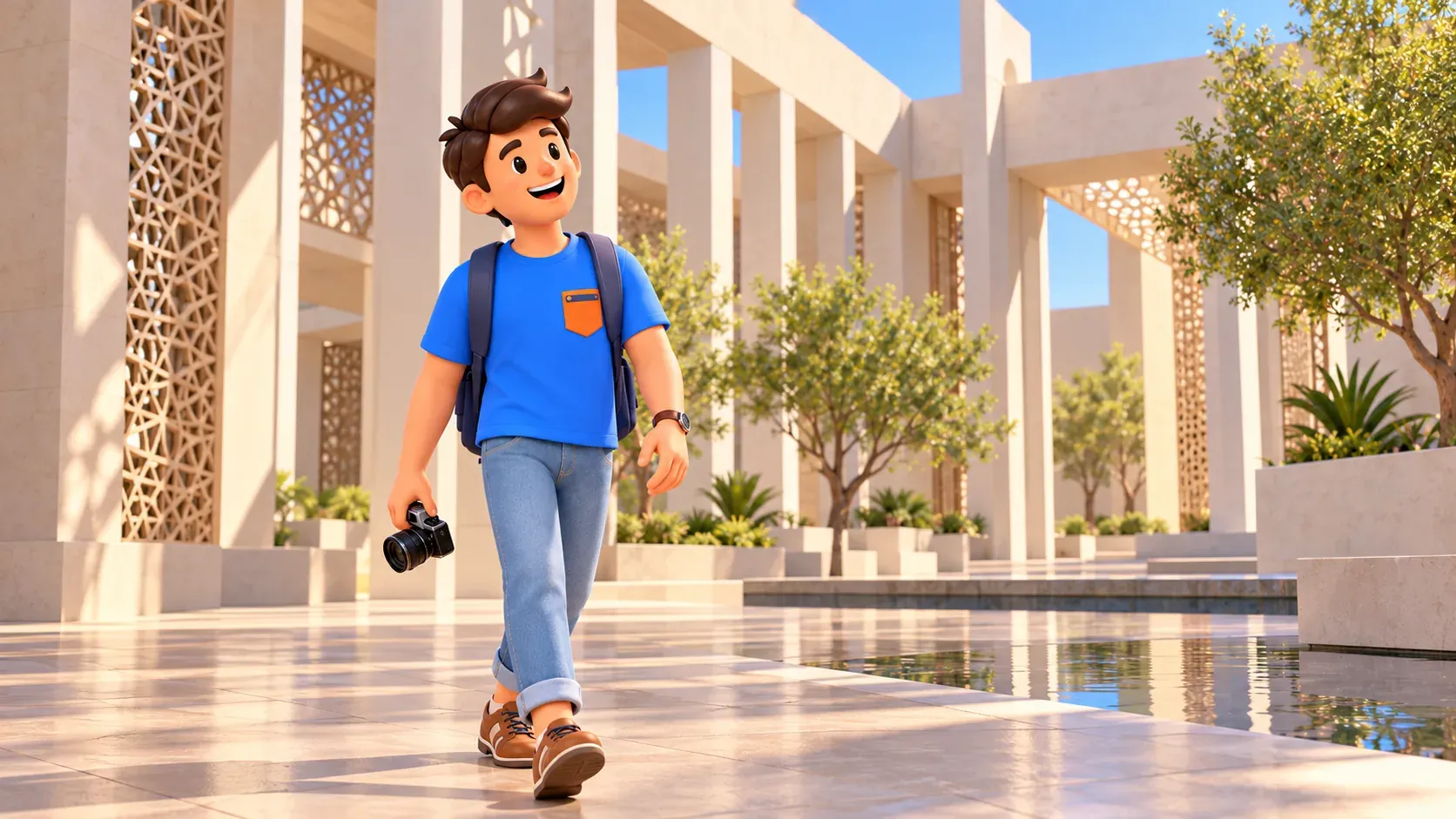 El personaje observa arquitectura moderna en un espacio cultural
