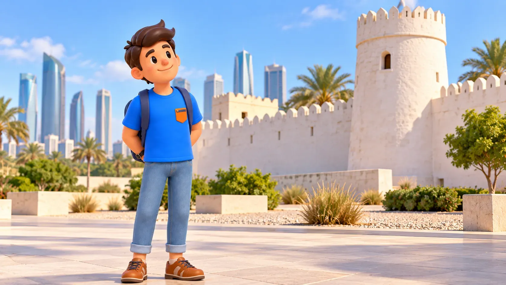 El personaje contempla el exterior blanco del fuerte Qasr Al Hosn