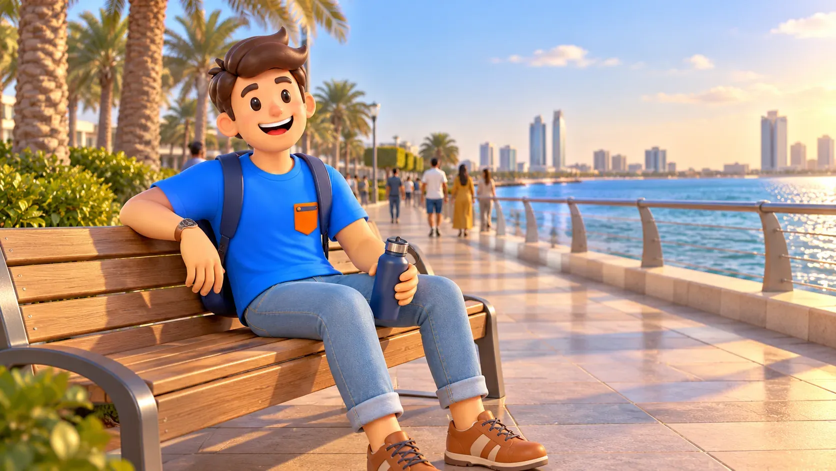El personaje descansa con una botella de agua en la Corniche