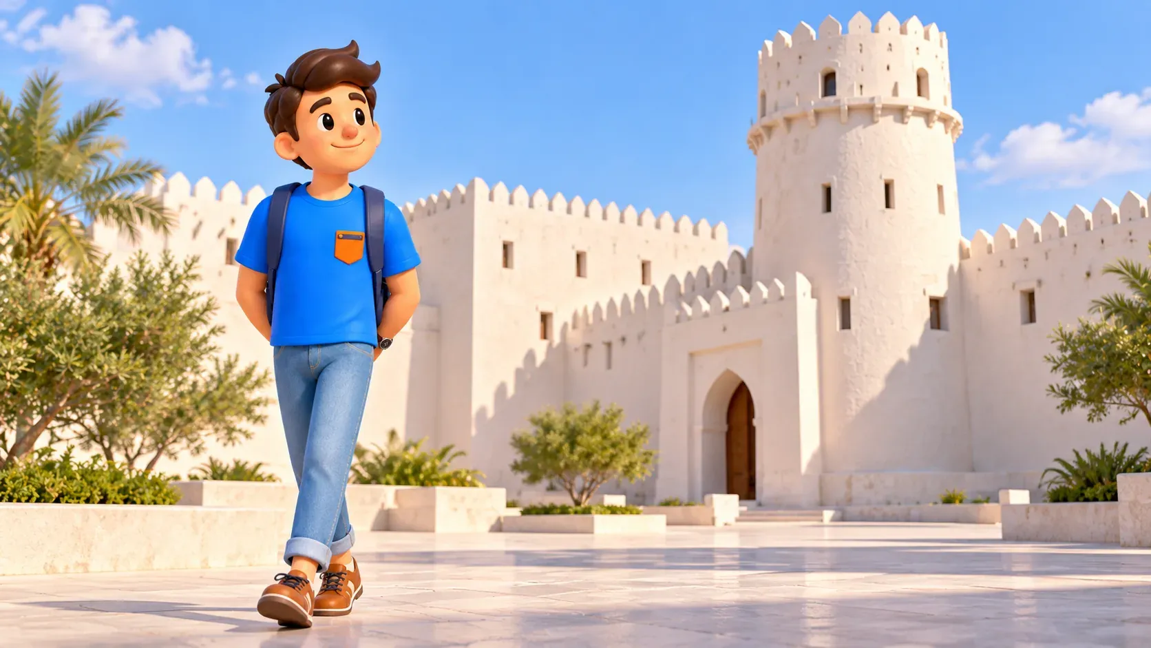 Ein Reisender betrachtet die weißen Mauern und den Rundturm von Qasr Al Hosn