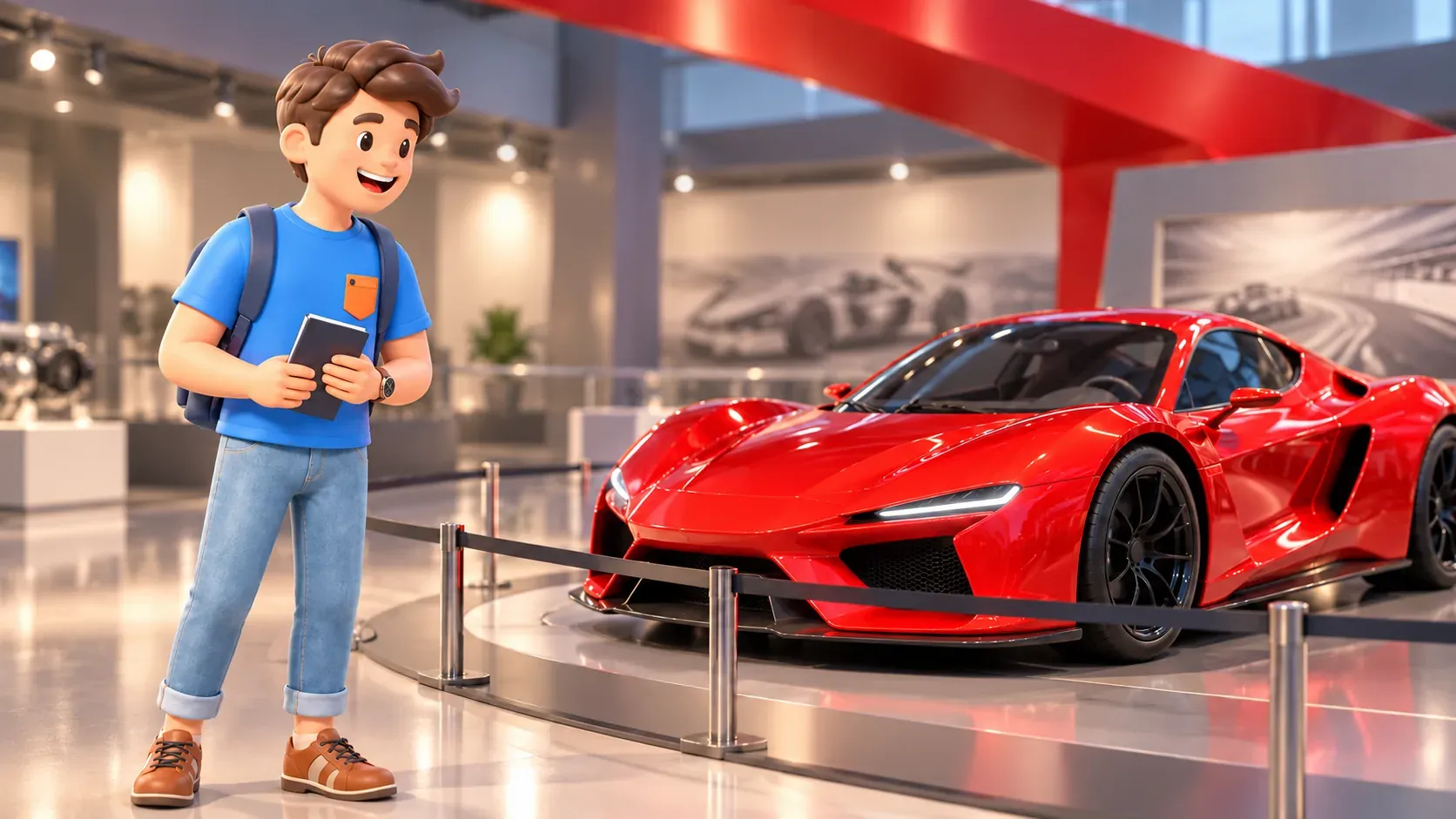 El personaje observa un coche deportivo en una exposición temática interpretativa