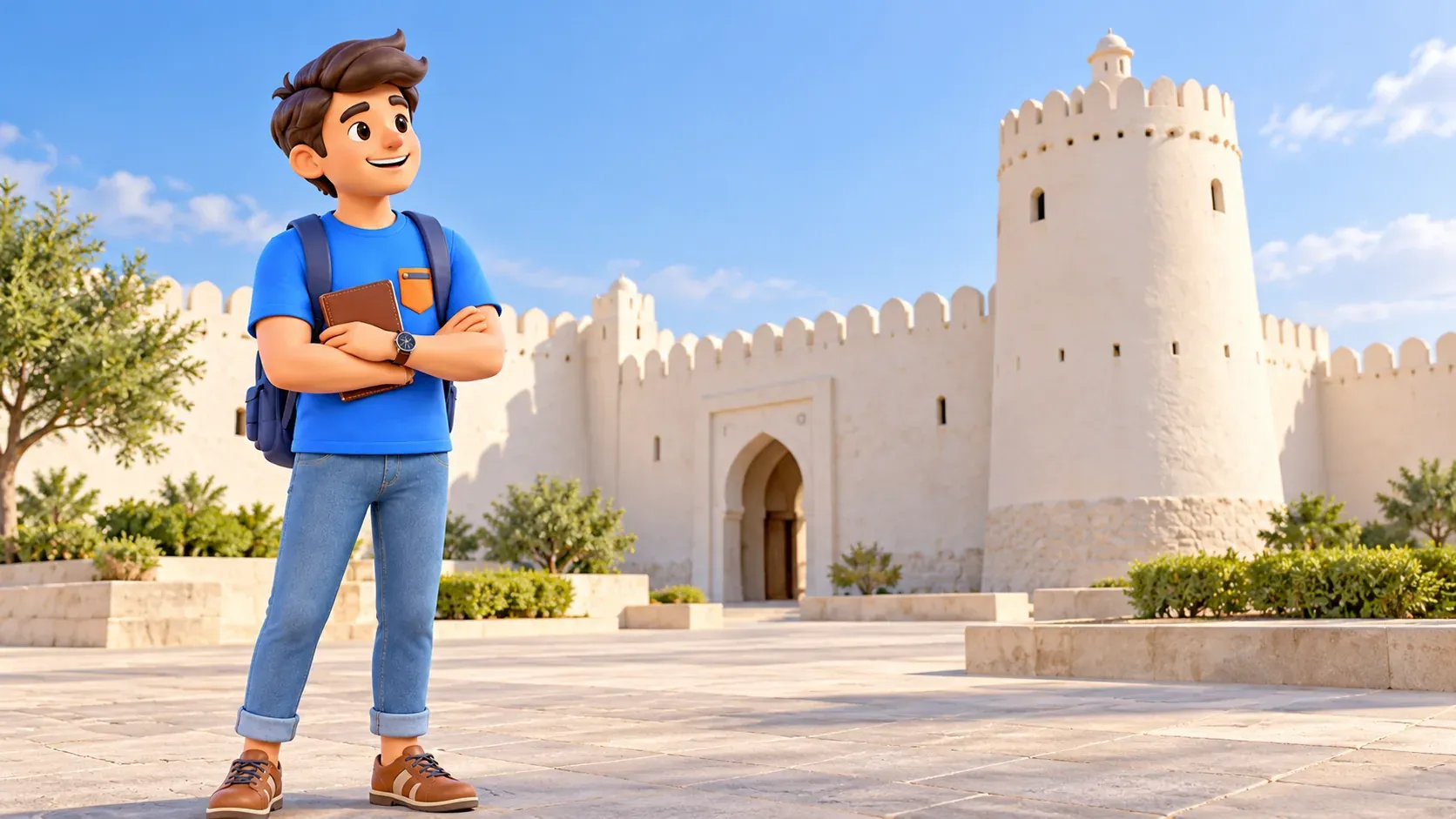 El personaje observa el fuerte blanco Qasr Al Hosn y su torre redonda
