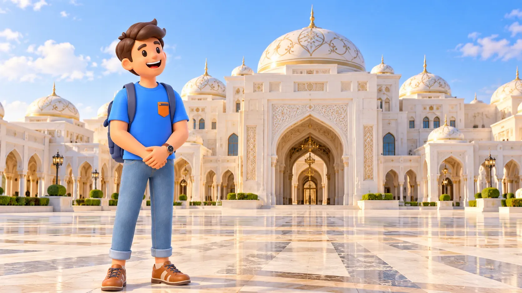 El personaje contempla las cúpulas y arcadas de Qasr Al Watan