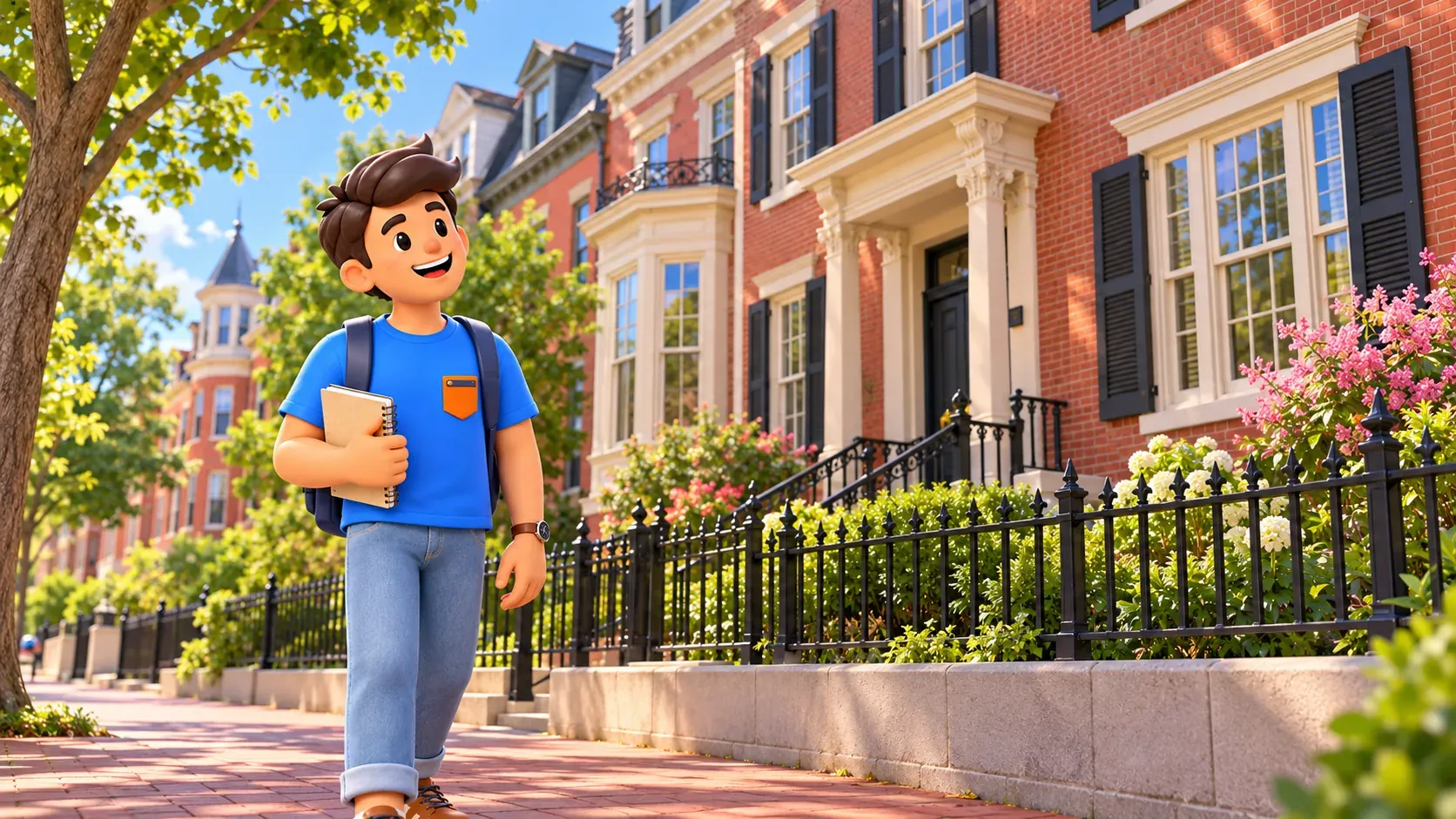 Illustration: a traveller looking at a historic brick facade.