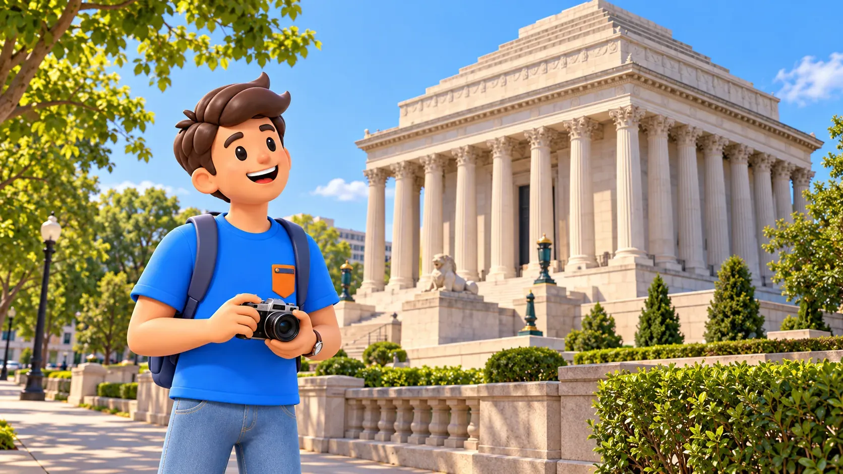 Illustration: a traveller outside the House of the Temple.