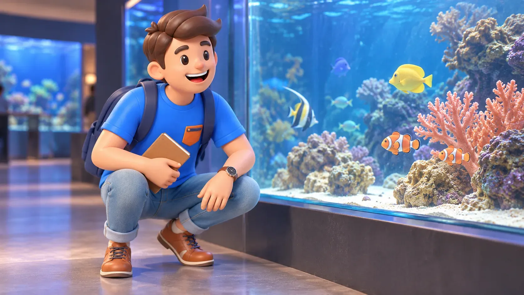 El personaje se agacha en la zona de visitantes para observar peces tras el cristal