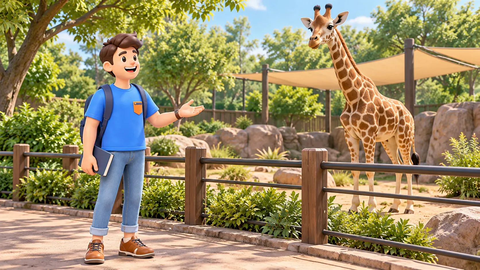 El personaje observa una jirafa desde el lado de visitantes de la barrera del zoo