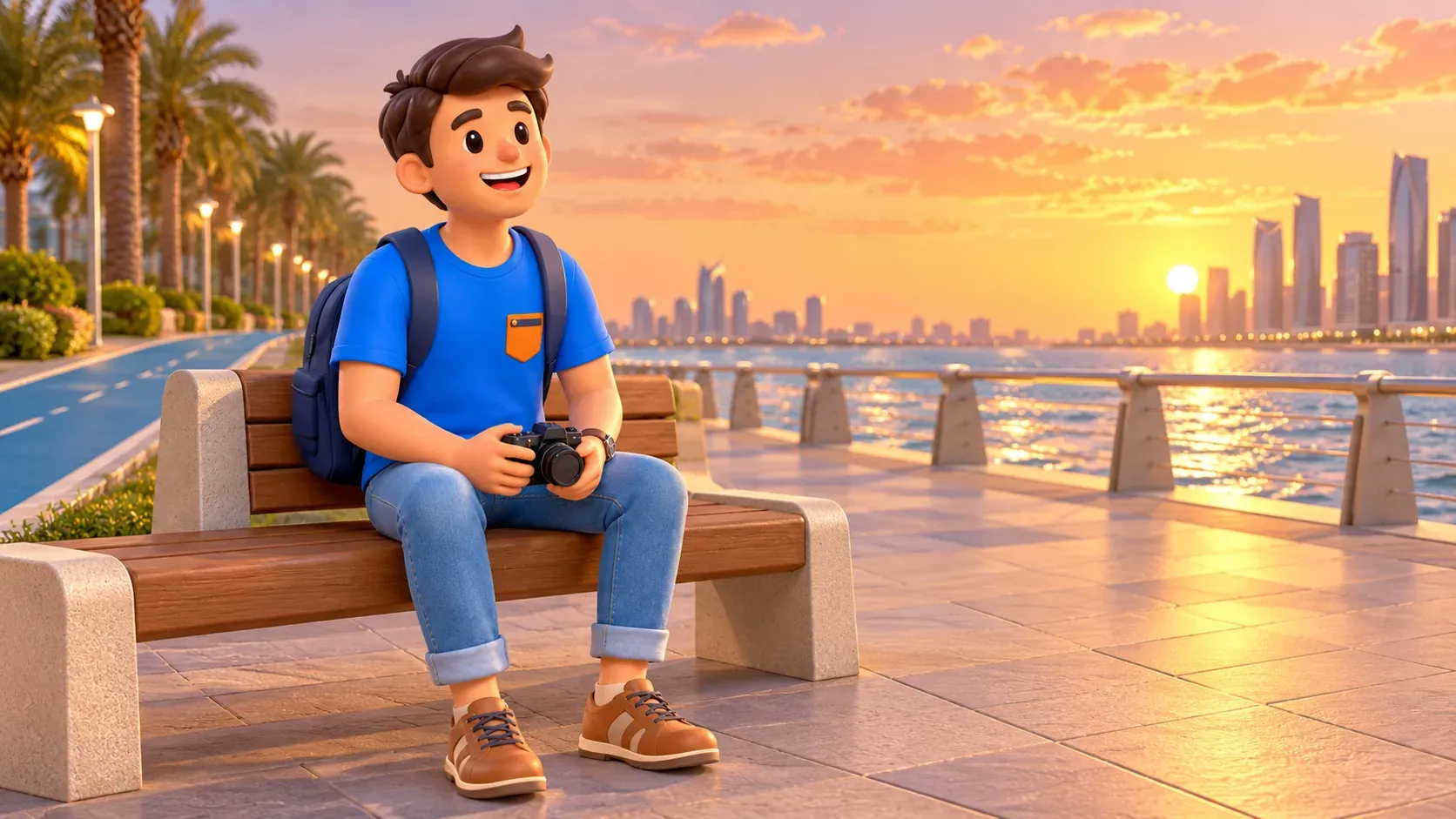 El personaje descansa en un banco del paseo marítimo bajo la luz del atardecer