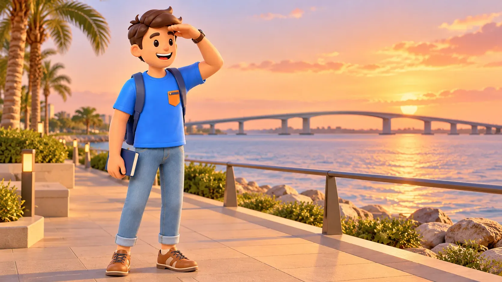 El personaje mira desde la orilla el agua al atardecer y un puente lejano