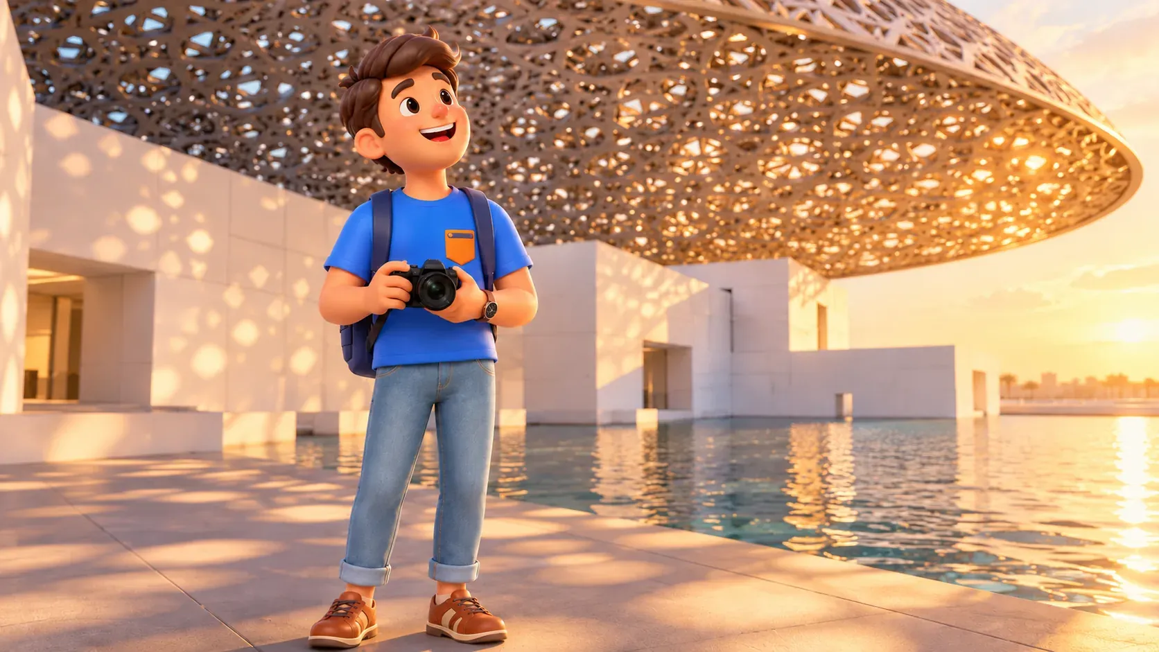 El personaje contempla la cúpula del museo bajo una luz suave de tarde